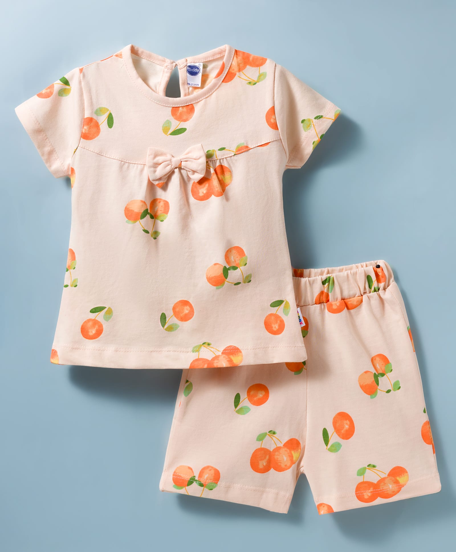 Teddy Sinker Knit Half Sleeves Top & Shorts Co-ord Night Suit With Fruit Print - Peach-picture-39