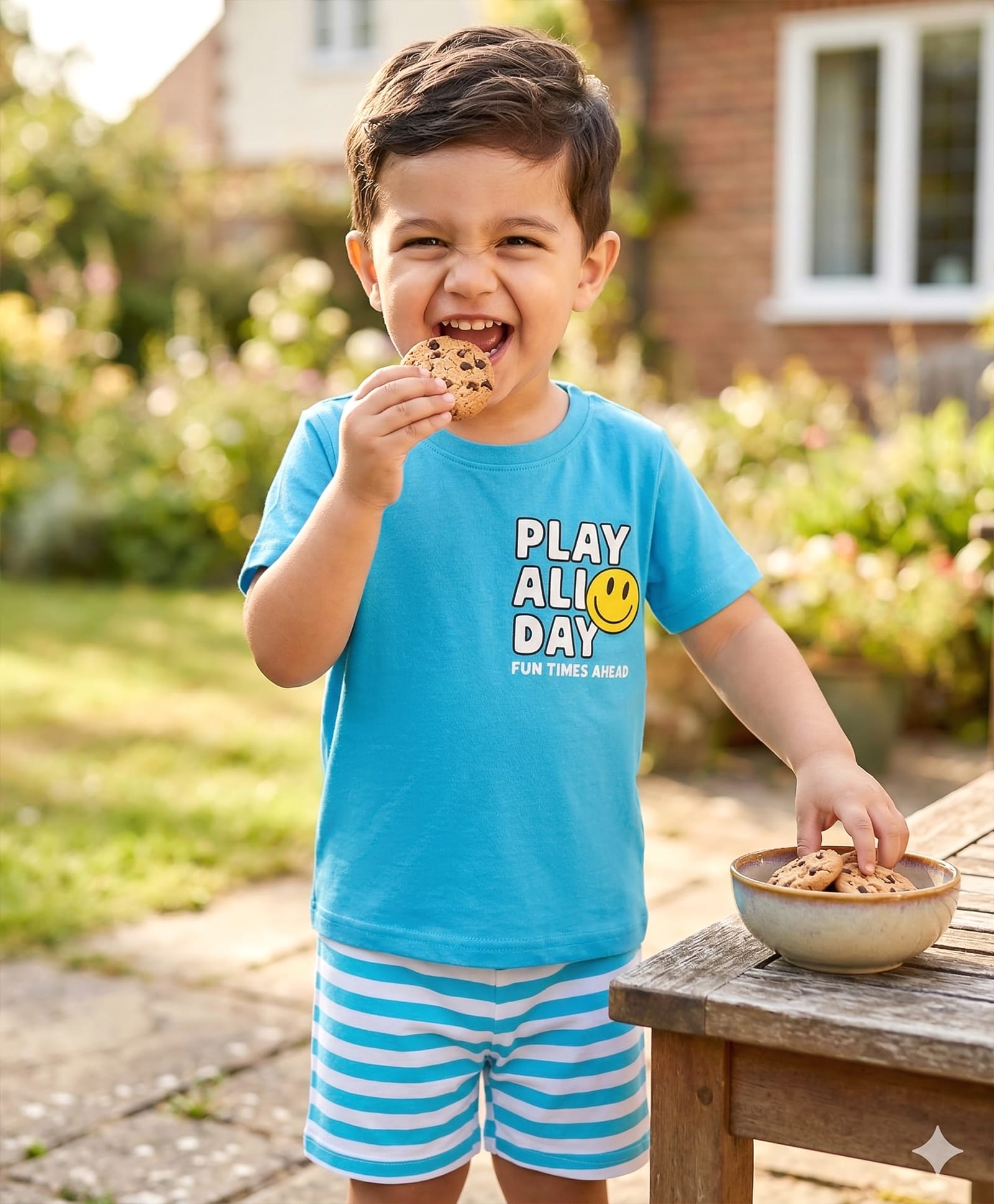 Babyhug Cotton Knit Half Sleeves T-Shirt & Shorts Striped Night-Suit With Text Print - Blue-image-26