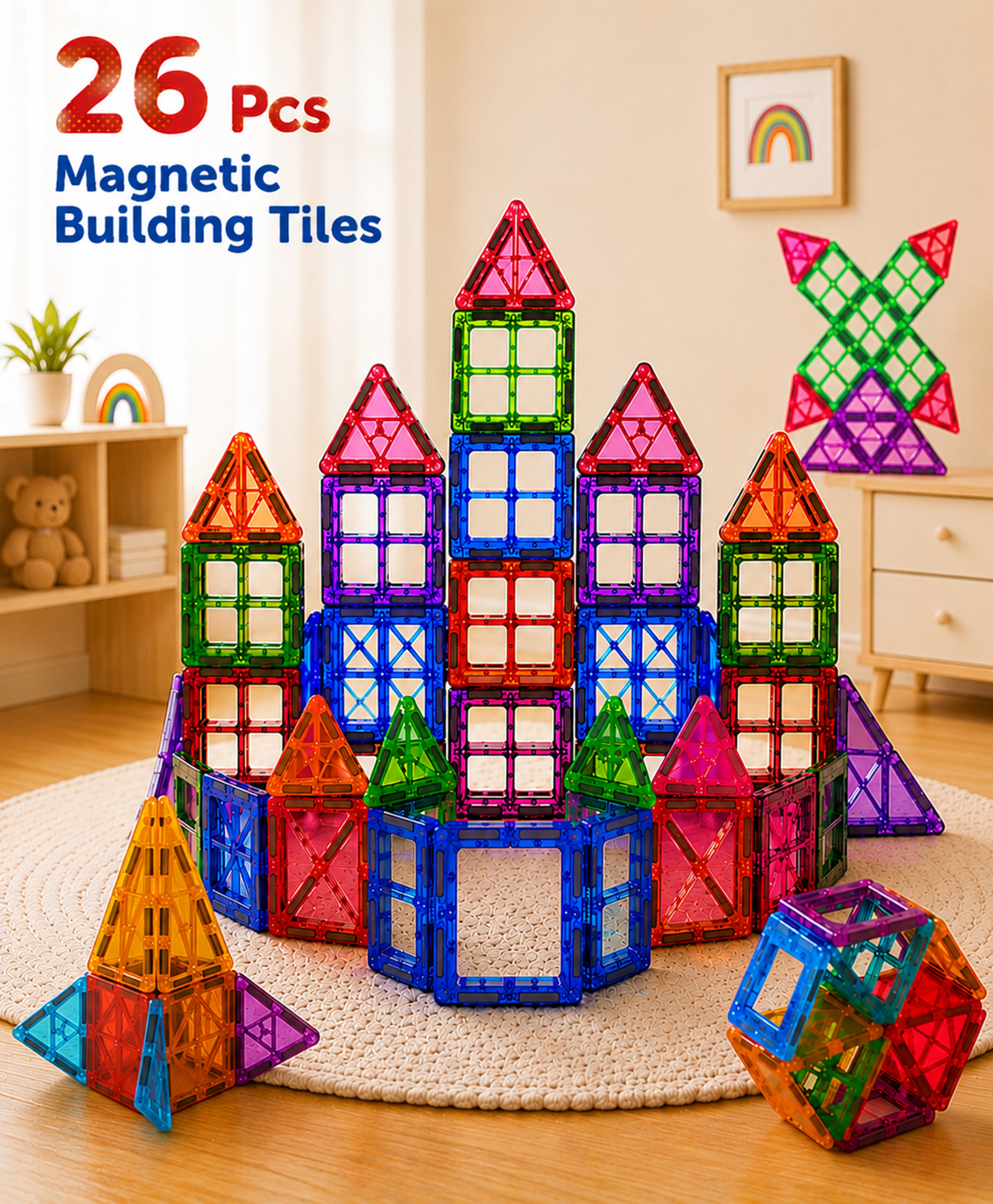 Babyhug Magnetic Tiles for Kid - 26 Pcs| Magnetic Building Blocks| Educational Learning Toy| Learning Educational Brain Toys | Boosts Creativity & Imagination| Strong Durable Magnets| STEAM Learning-image-37
