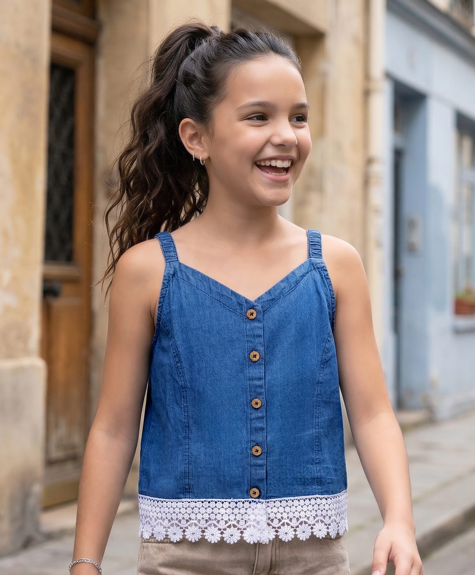 Pine Kids Cotton Woven Sleeveless Solid Color Top with Lace Detailing - Blue-image-43