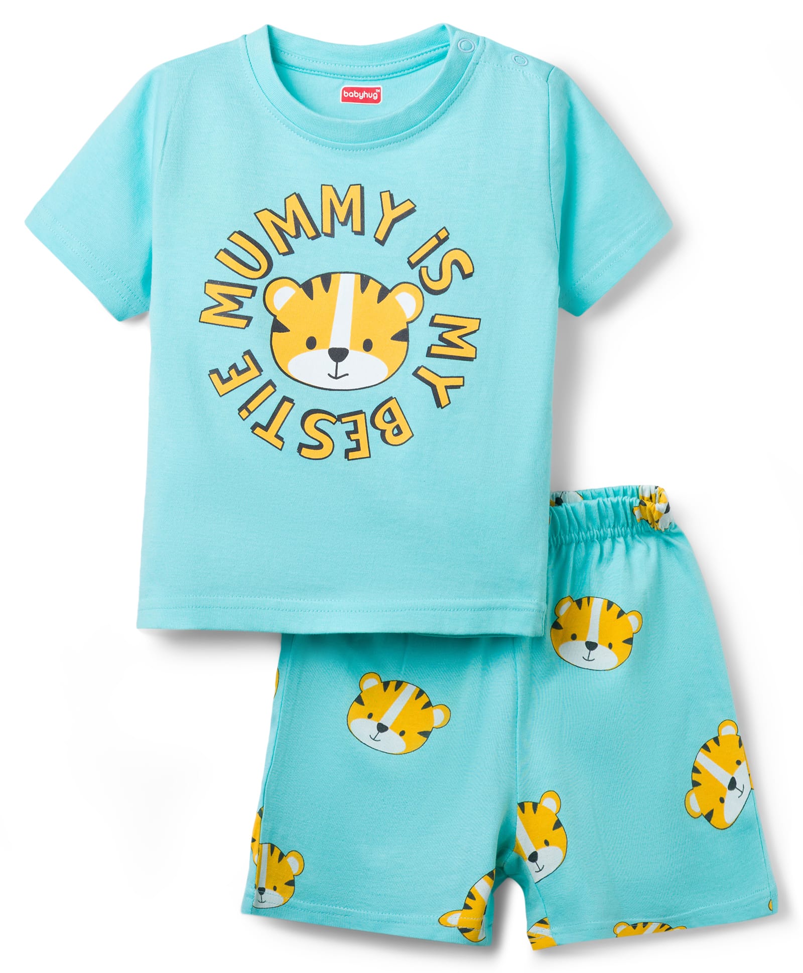 Babyhug Cotton Knit Half Sleeves T-Shirt & Short Night Suit with Tiger Print - Light Blue-image-42