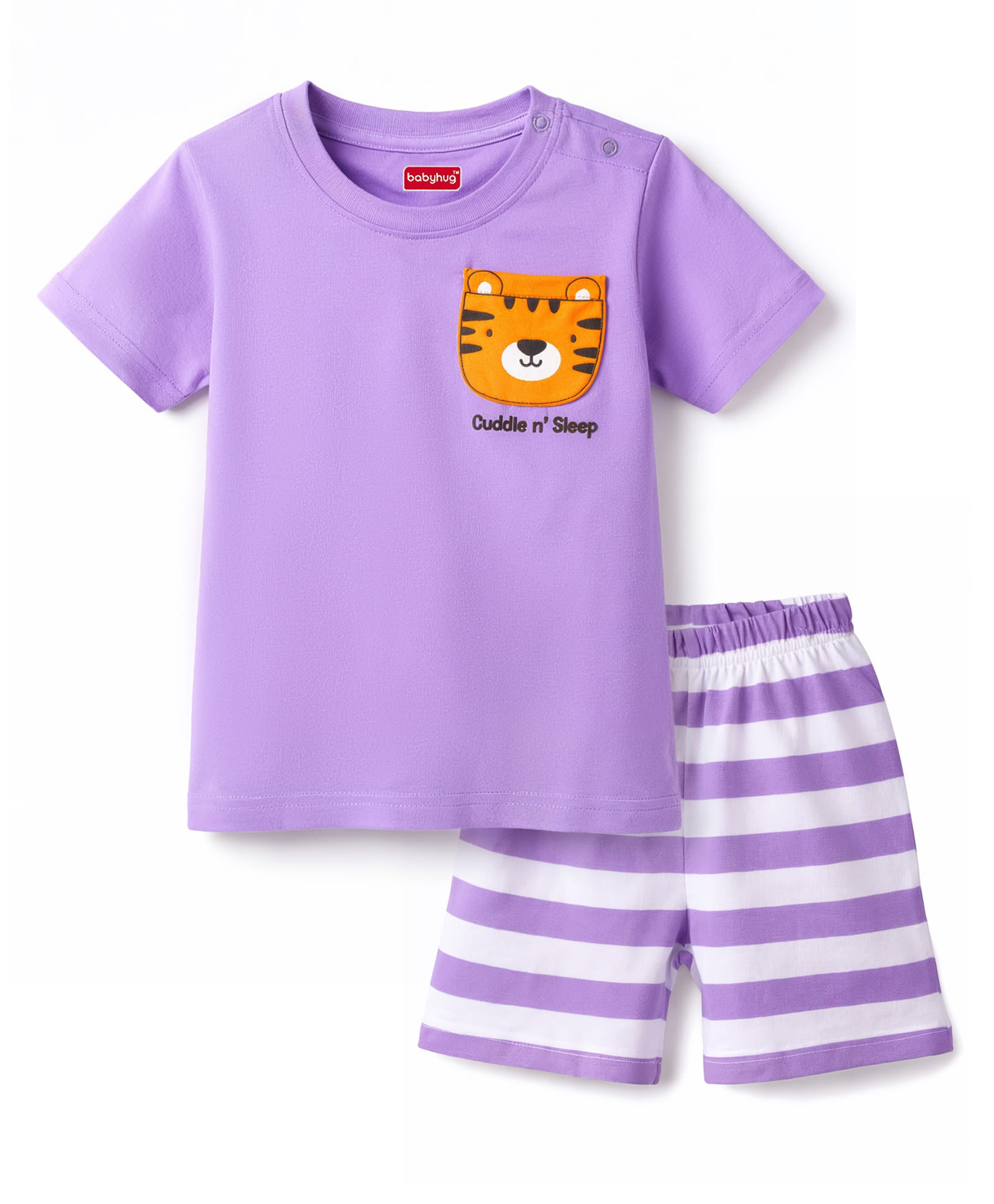 Babyhug Cotton Knit Half Sleeves T-Shirt & Striped Shorts Night Suit With Lion Print - Lavender-image-17