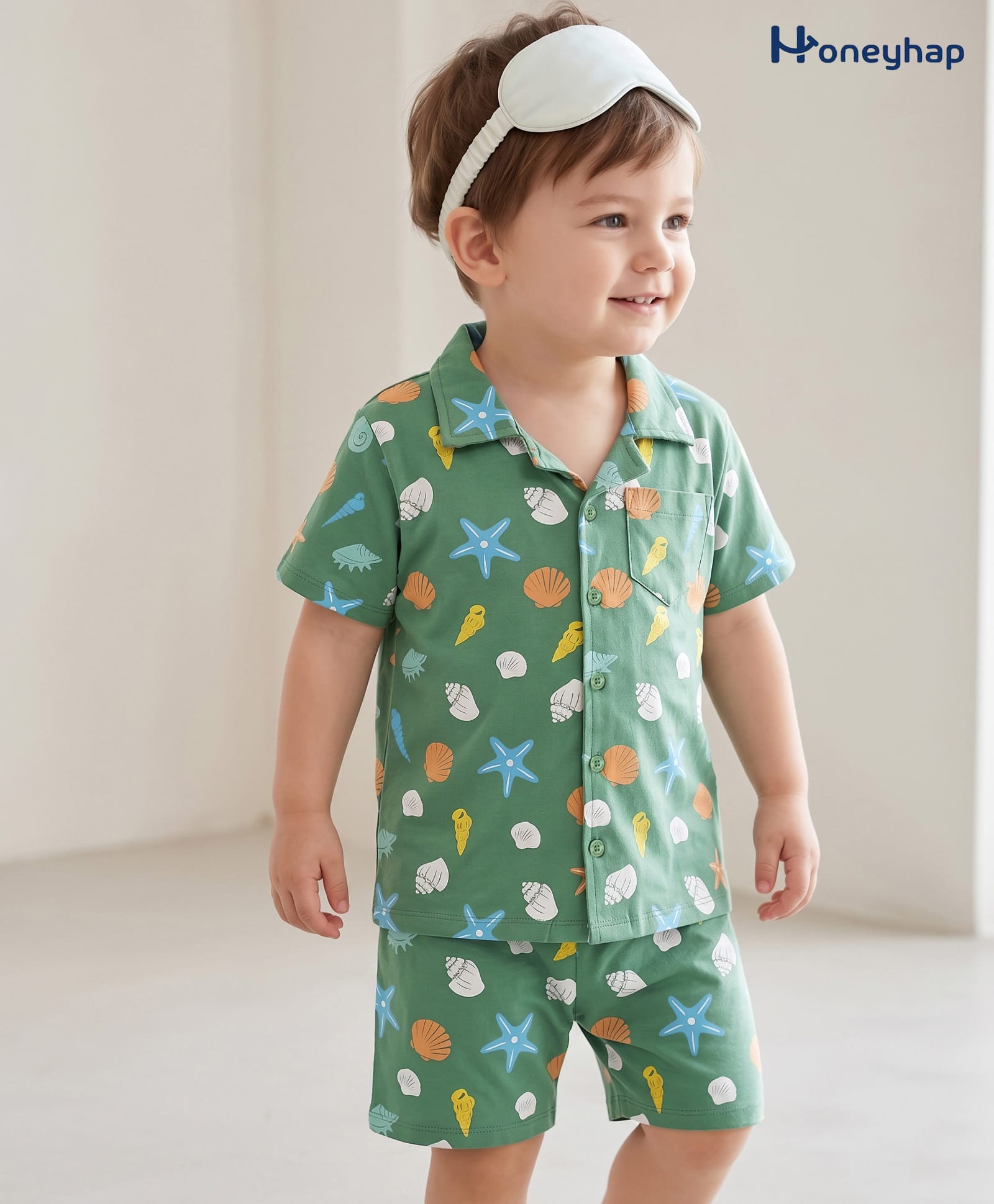 Honeyhap Premium 100% Cotton Knit Co-Ords Bio Finish Shirts & Shorts Night Suit With Shell Print -Turf Green-picture-44