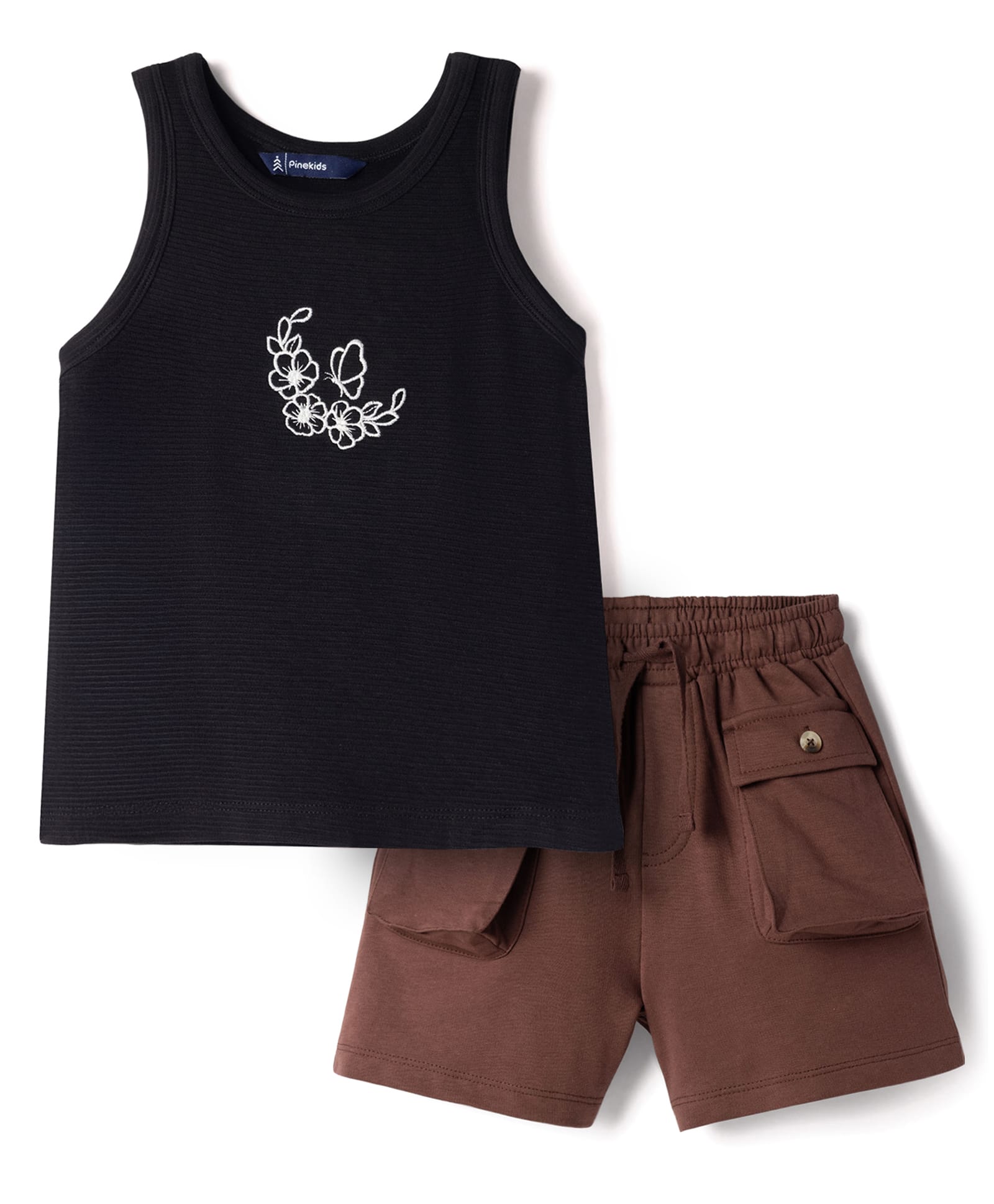Pine Kids Cotton Knit Sleeveless Tank Top & Shorts Set with Flora Embroidery - Black-image-25