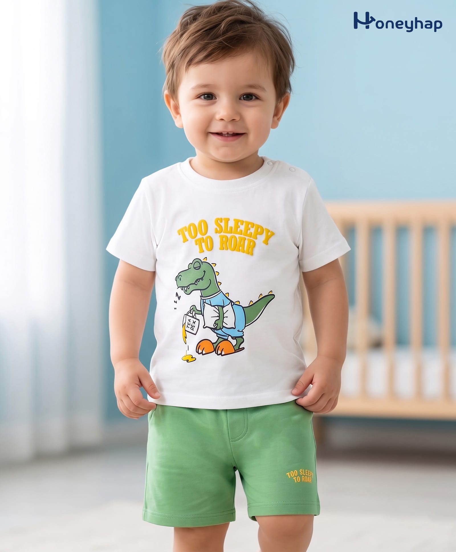 Honeyhap Premium 100% Cotton Half Sleeves Bio Finish T-Shirt & Shorts Night Suit with Dino Print - White & Turf Green-image-7