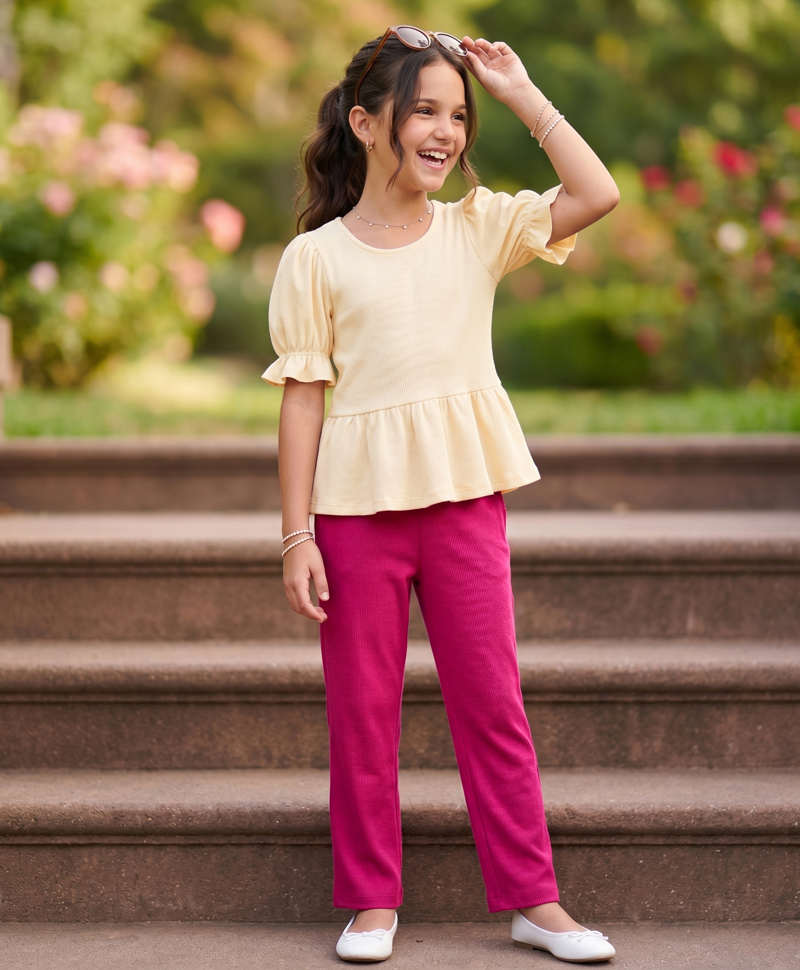 Pine Kids Cotton Knit Puffed Sleeves Peplum Top & Pant Set - Beige & Dark Pink-image-42