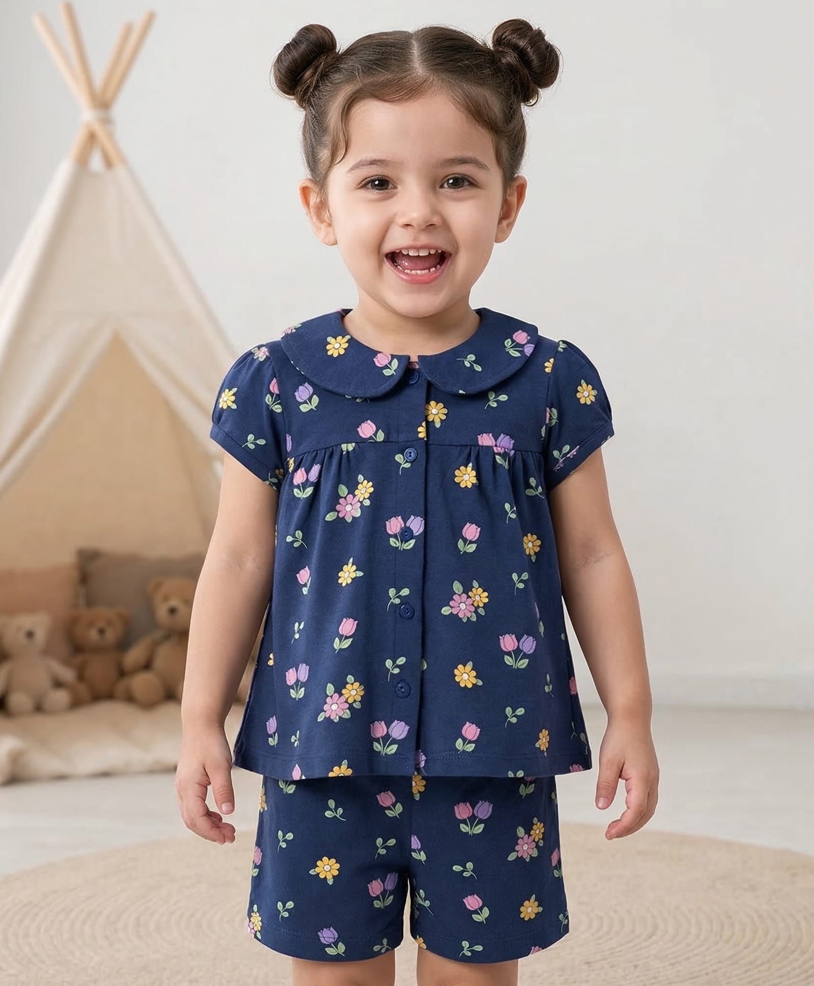 Babyhug Cotton Knit Half Sleeves Top & Shorts Co-ord Night Suit With Floral Print - Navy Blue-image-46