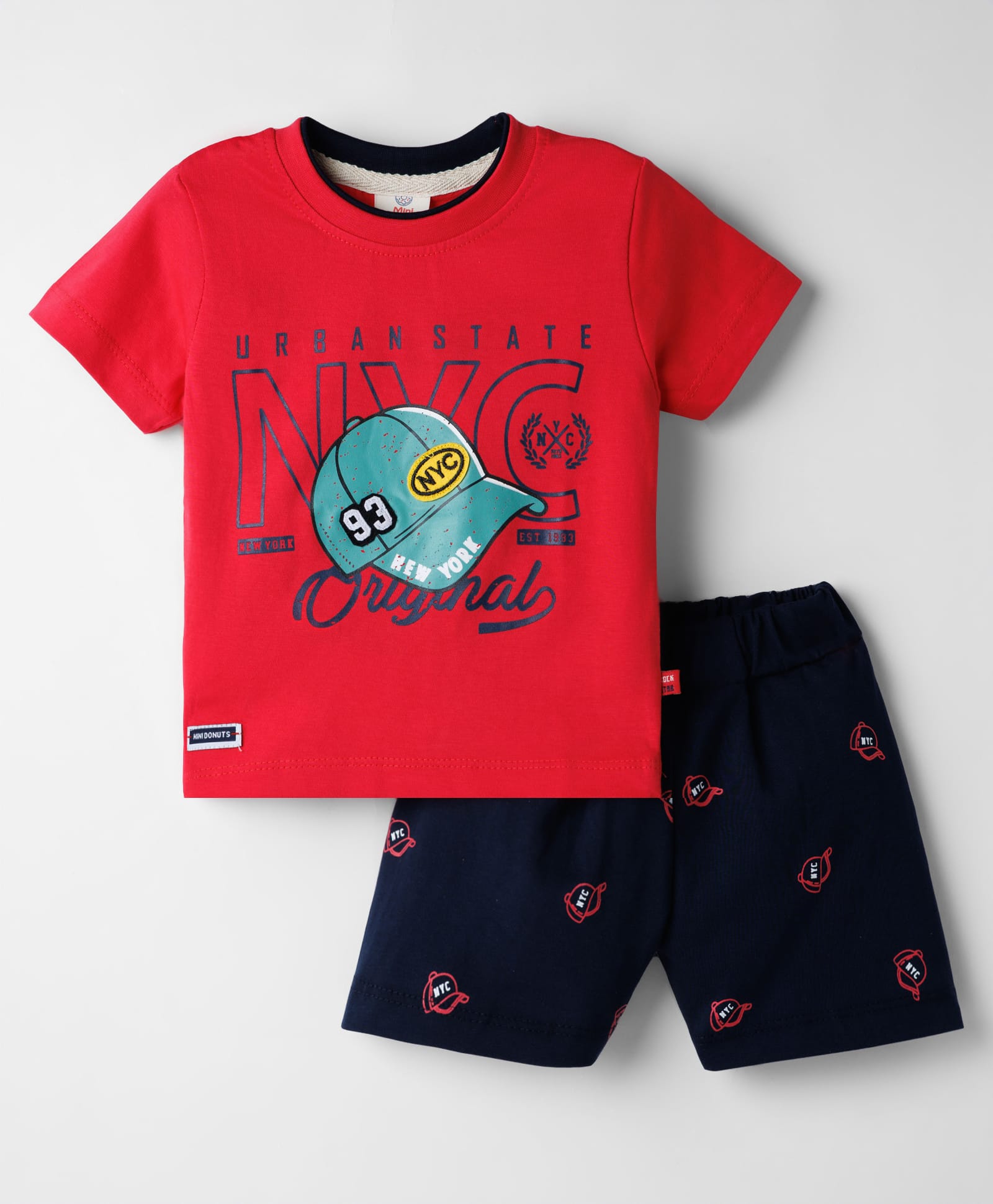 mini donuts single jersey knit half sleeves t-shirt & shorts set with sport theme print - red
