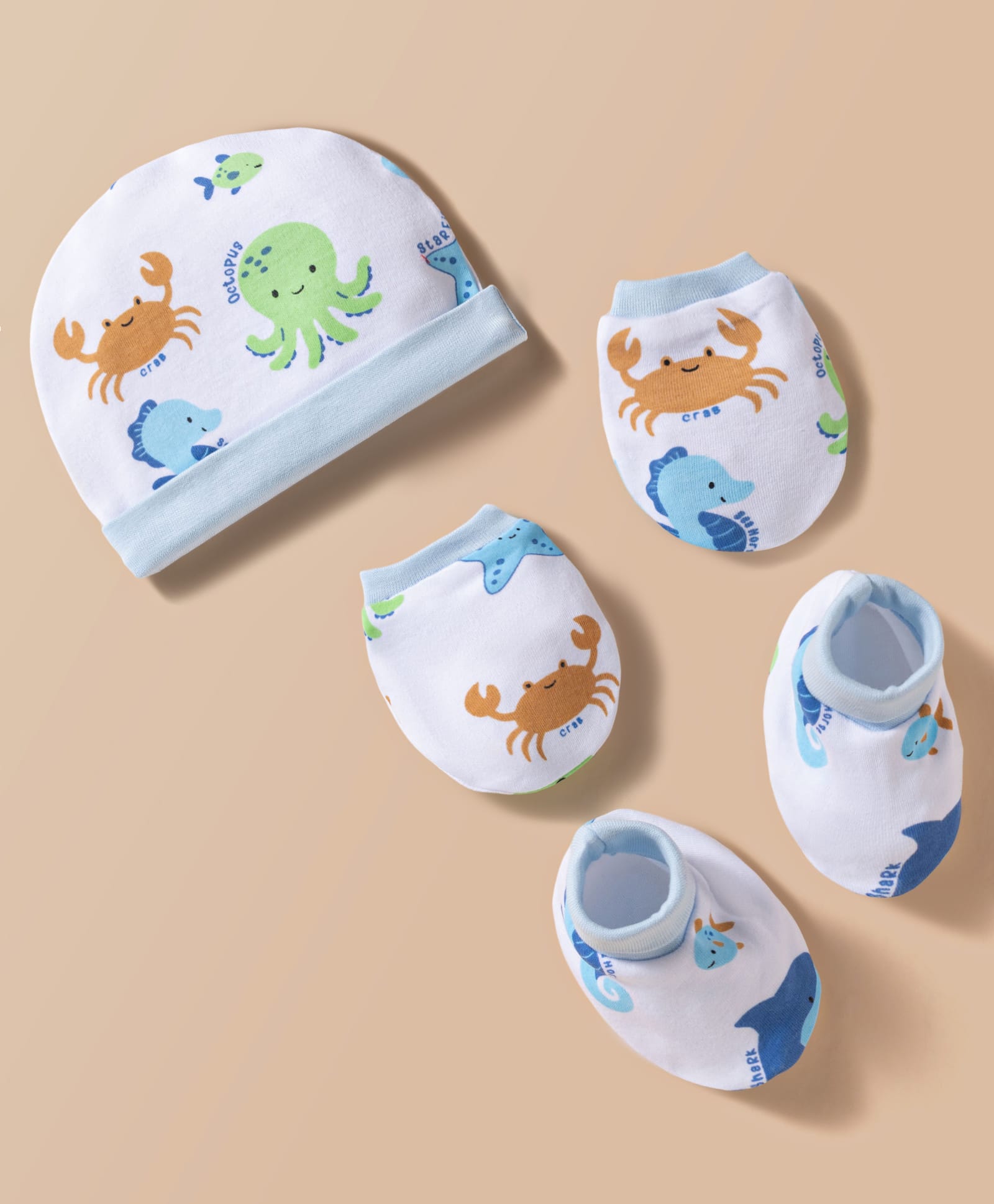 Kookie Kids India Interlock Knit Cap, Mitten & Booties Set With Sea Life Print White - Diameter 9 cm-picture-21