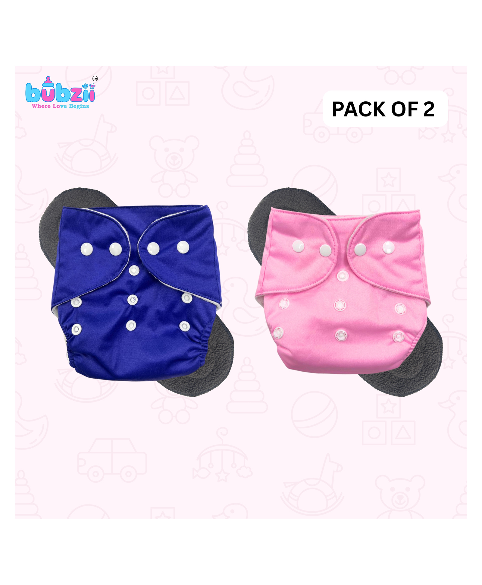 Bubzii Reusable Cloth Diaper with Flap and Insert Pack of 2 Free Size Padded Diaper for babies 3 month TO 3 Years Free size-image-27