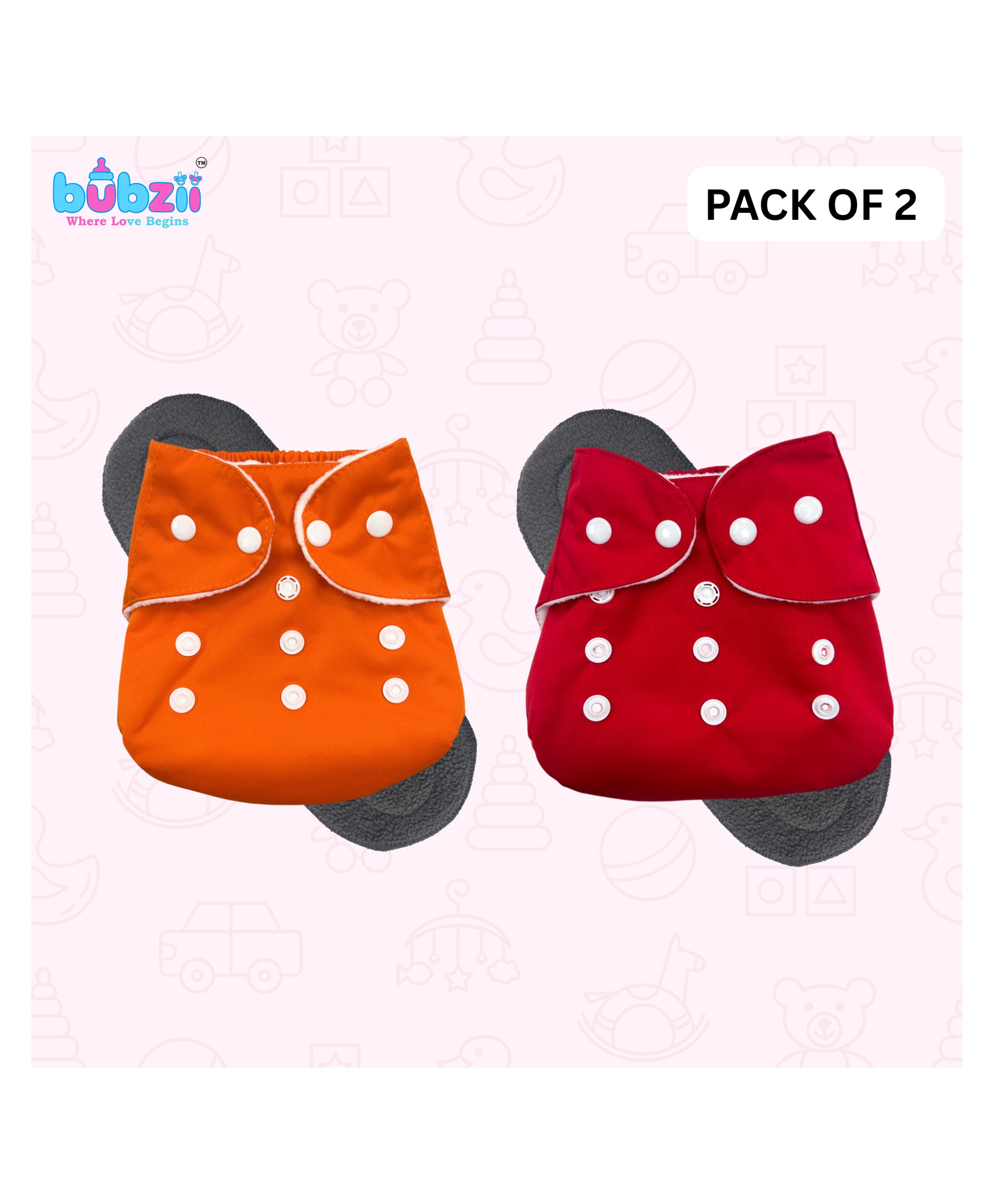 Bubzii Free Size Reusable Cloth Diaper With Inserts & Contrast Flap Pack of 2 Free Size Padded Diaper for babies 3 month TO 3 Years Freesize-image-5
