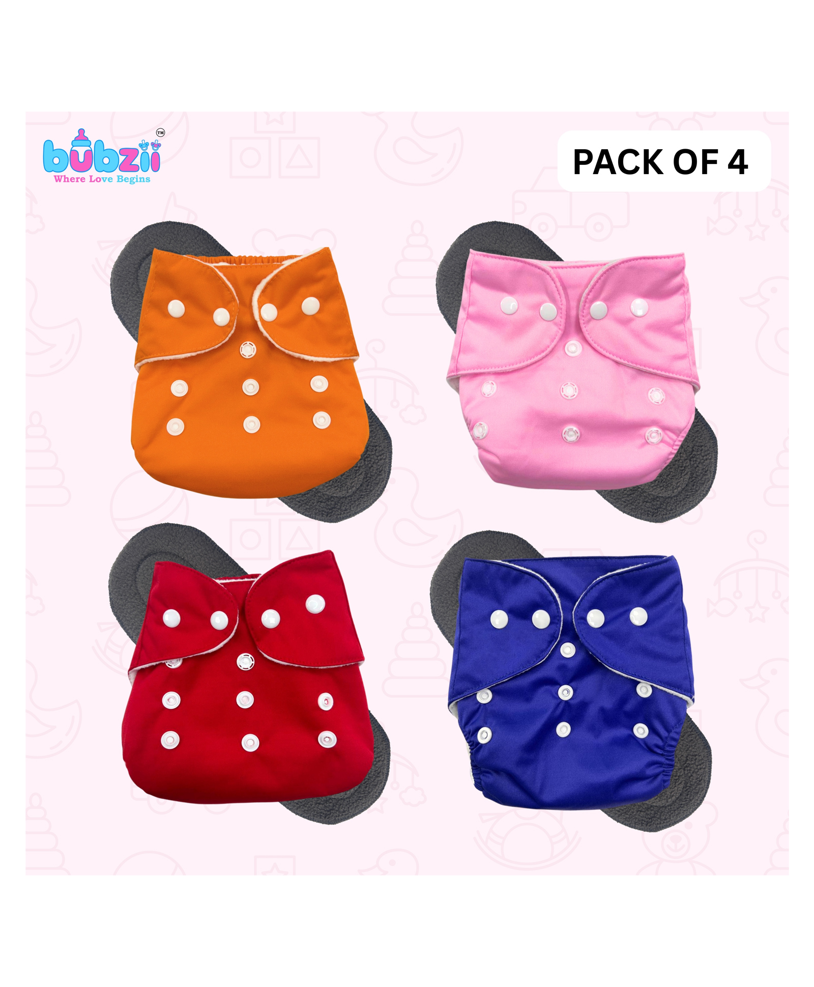 Bubzii Free Size Reusable Cloth Diaper With Inserts & Contrast Flap Pack of 4 Free Size Padded Diaper for babies 3 month TO 3 Years Freesize-image-11