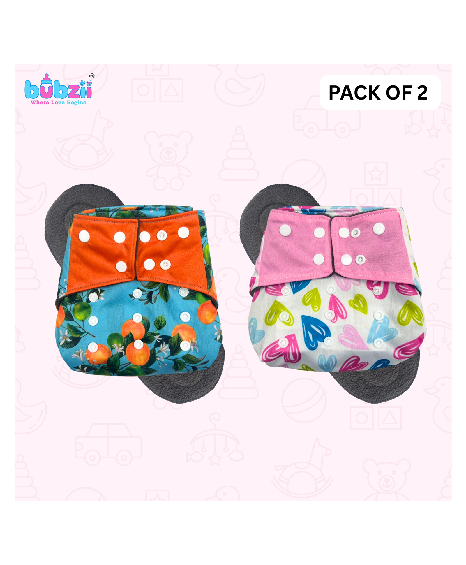 Bubzii Free Size Reusable Cloth Diaper With Inserts & Contrast Flap Pack of 2 Free Size Padded Diaper for babies 3 month TO 3 Years Freesize-image-6