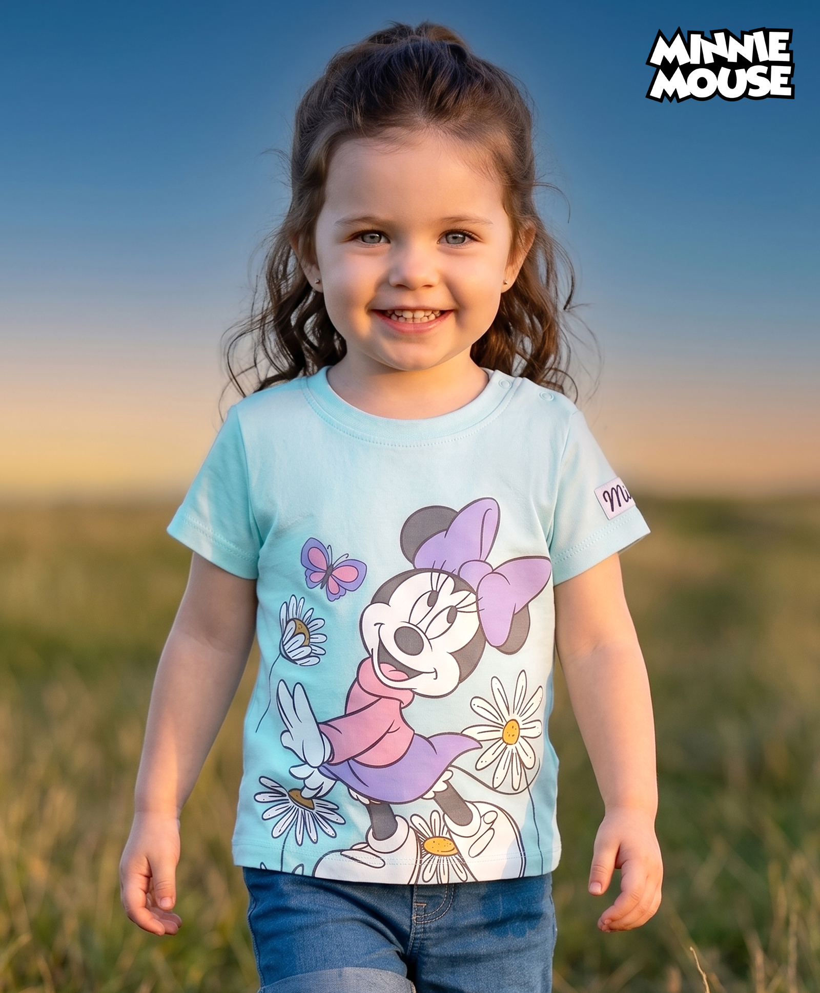 Babyoye Disney Single Jersey Knit Half Sleeves T-Shirt with Minnie Mouse Graphic & Badge Detailing - Mint-picture-19