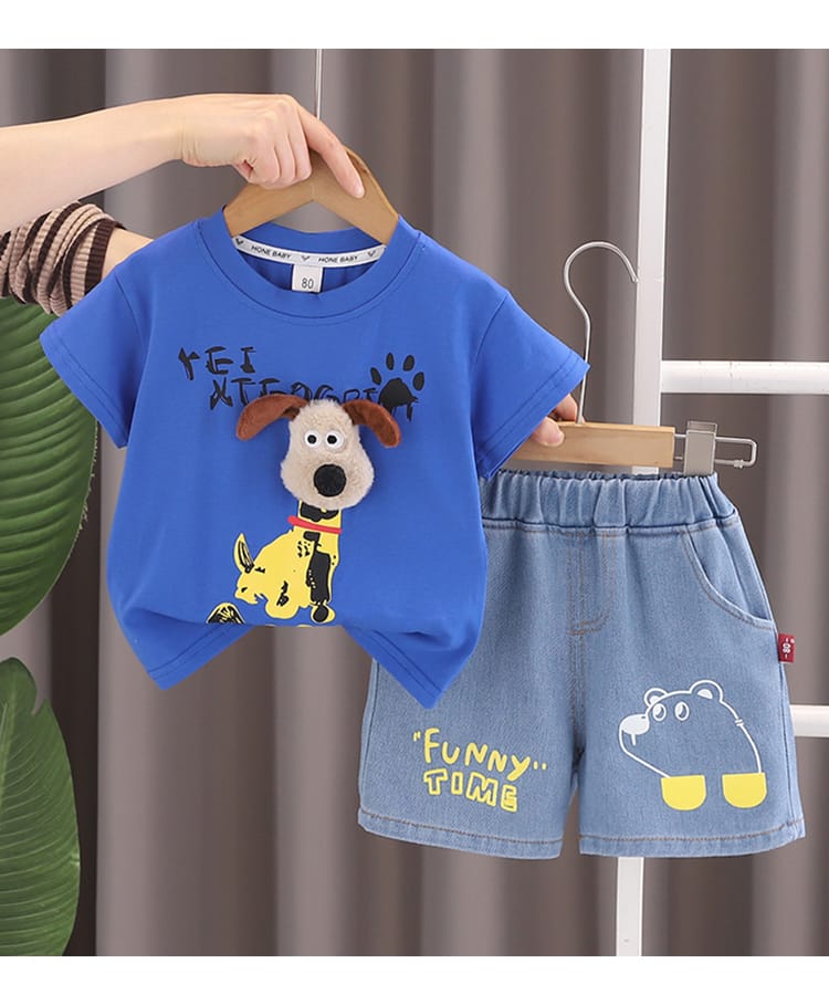 POP STREET KIDS Cotton Blend Knit Half Sleeves Dog Applique Detailed Tee & Shorts Set - Blue-image-40