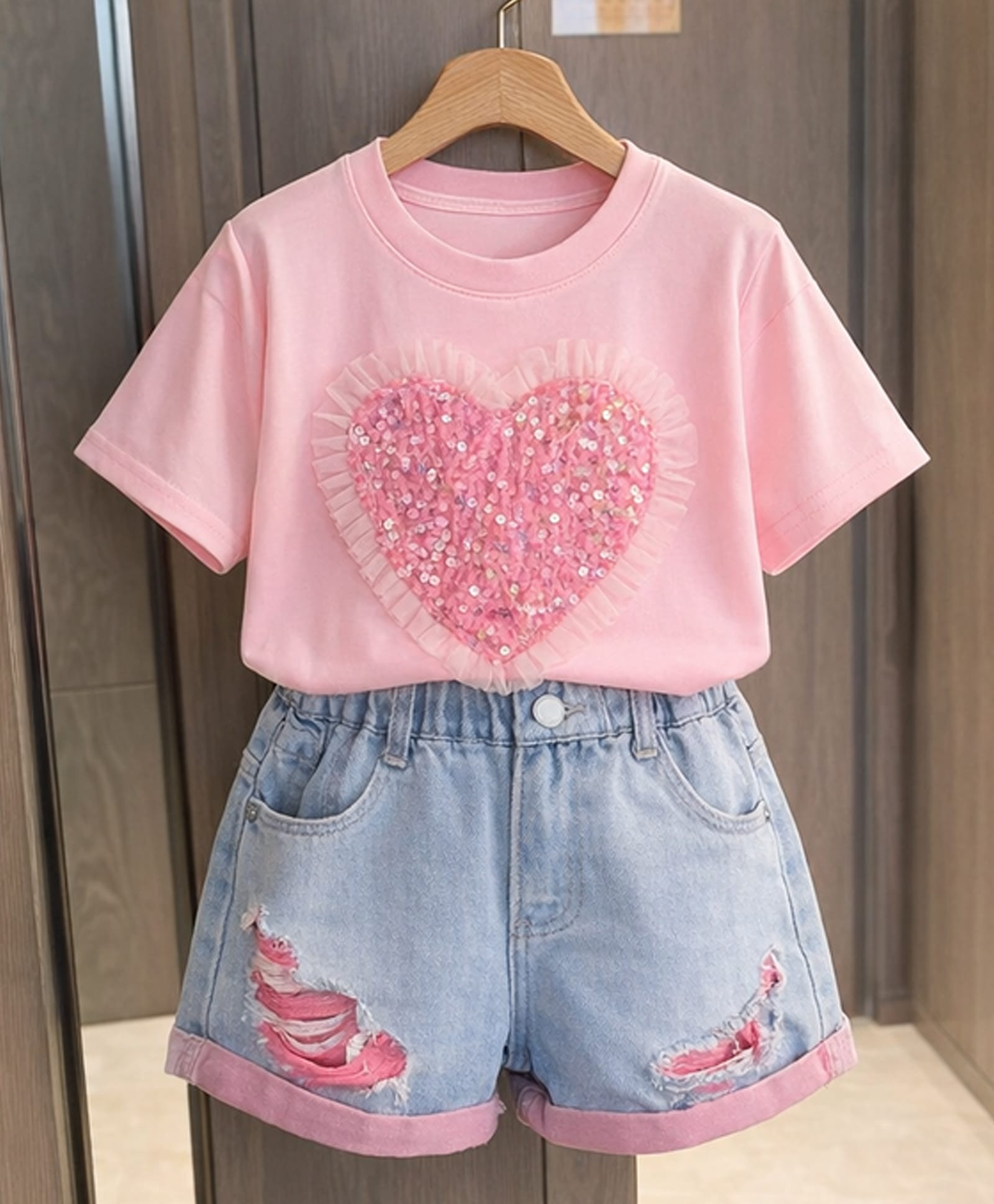 pop street kids cotton knit half sleeves sequins embellished & pleated frill heart applique detailed tee with distressed shorts set - pink