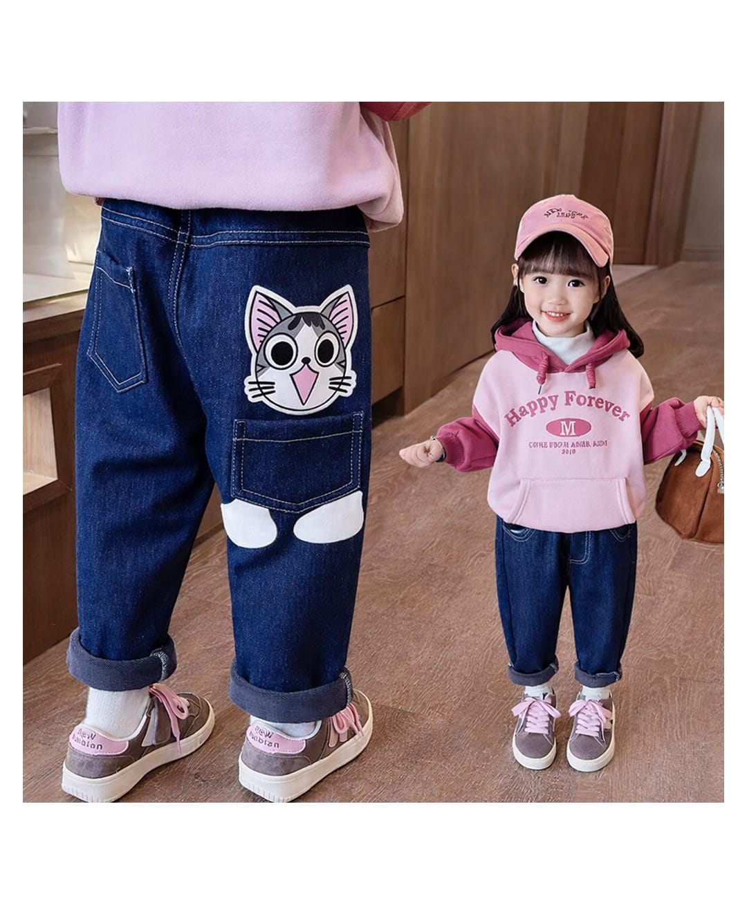 POP STREET KIDS Cotton Blend Woven Cat Face Patch Back Detailed Jeans - Blue-picture-25