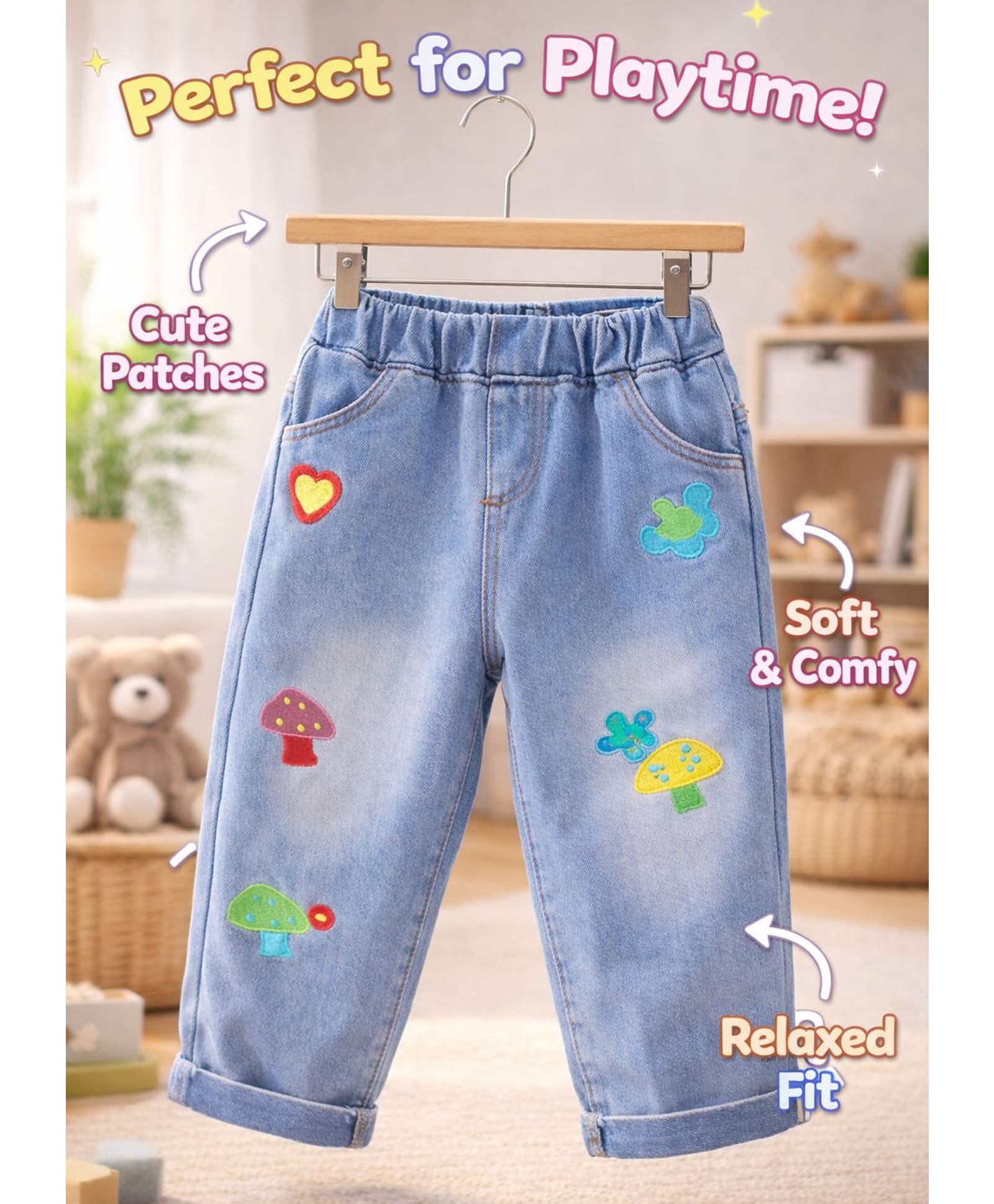 POP STREET KIDS Cotton Blend Woven Heart & Mushroom Embroidered Washed Jogger Style Jeans - Blue-picture-18