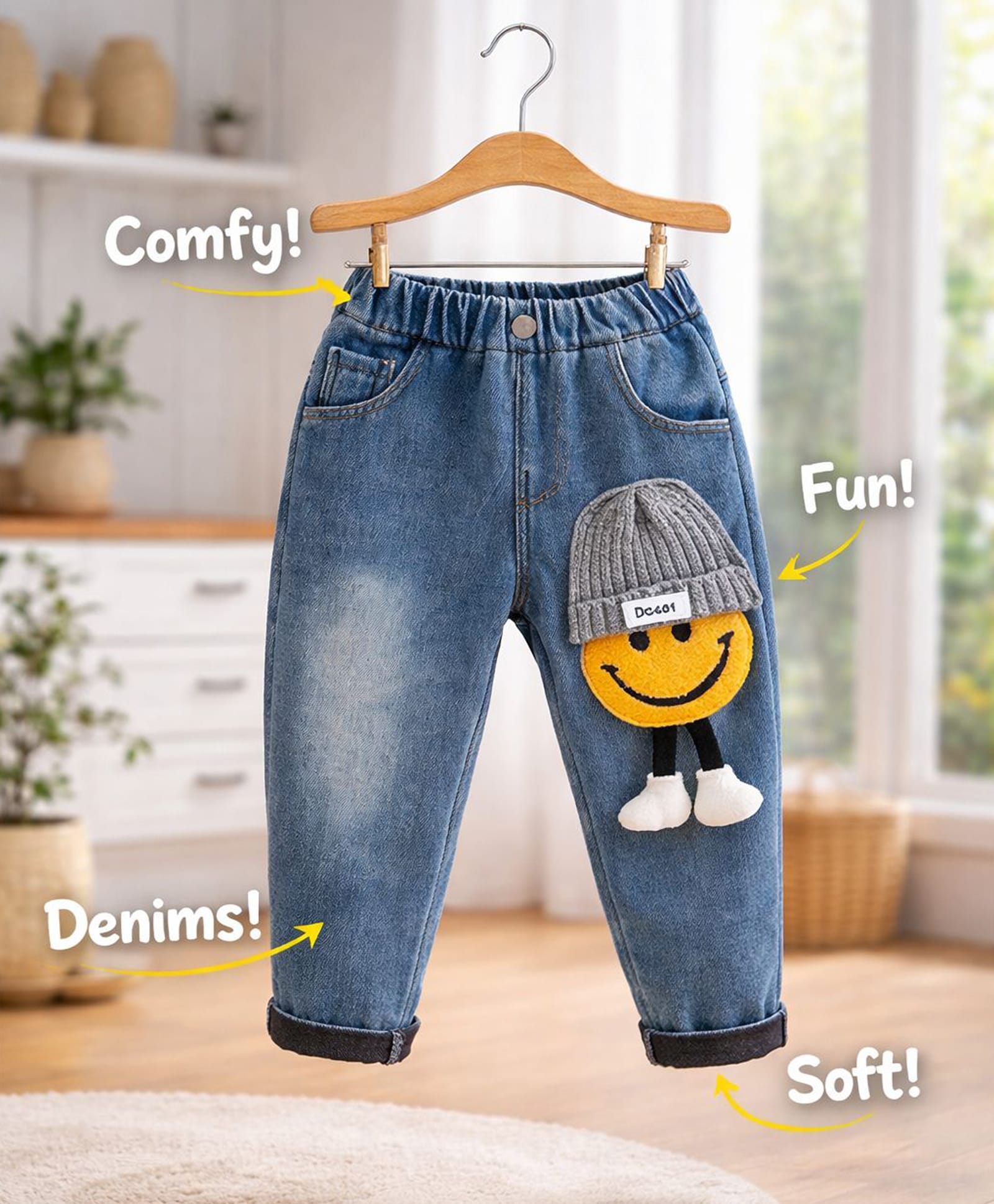 POP STREET KIDS Cotton Blend Woven Smiley Applique Detailed Washed Jogger Style Jeans - Blue-image-24