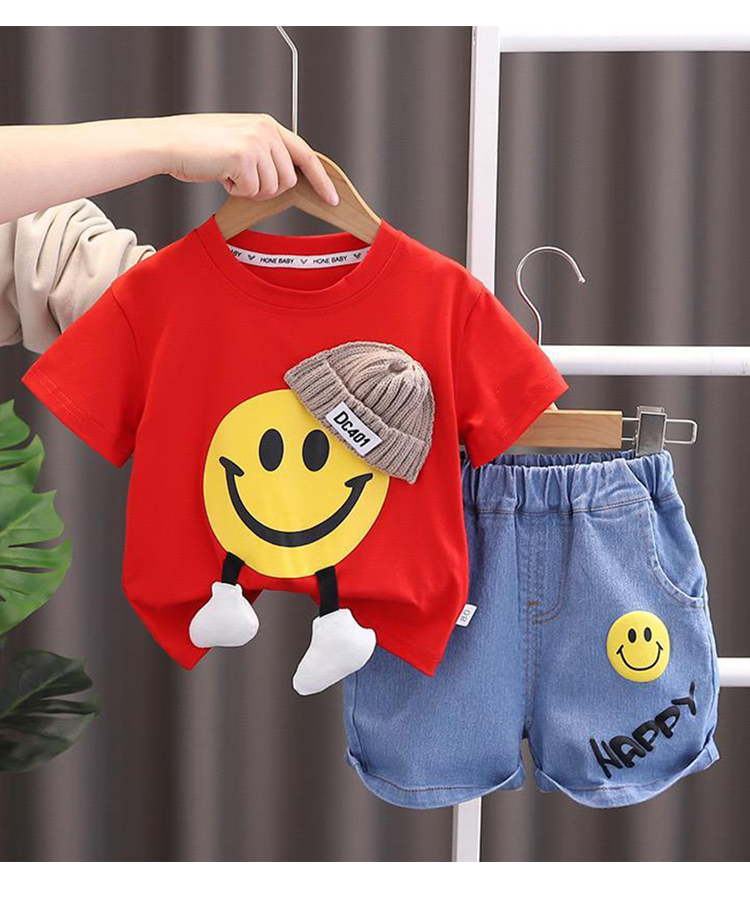 POP STREET KIDS Cotton Blend Knit Half Sleeves Smiley Printed Tee & Shorts Set - Red-image-39
