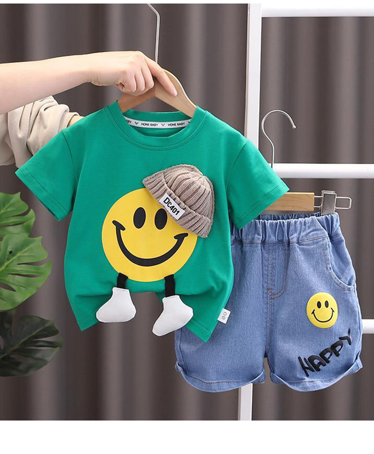 POP STREET KIDS Cotton Blend Knit Half Sleeves Smiley Printed Tee & Shorts Set - Green-image-46