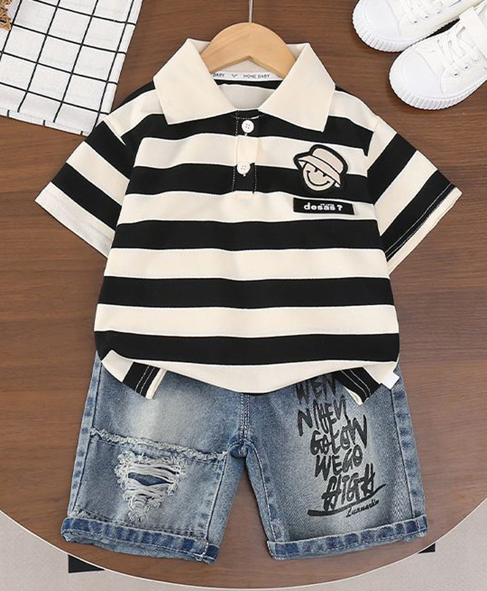 POP STREET KIDS Cotton Blend Knit Half Sleeves Striped Polo Tee & Shorts Set - Black-image-47