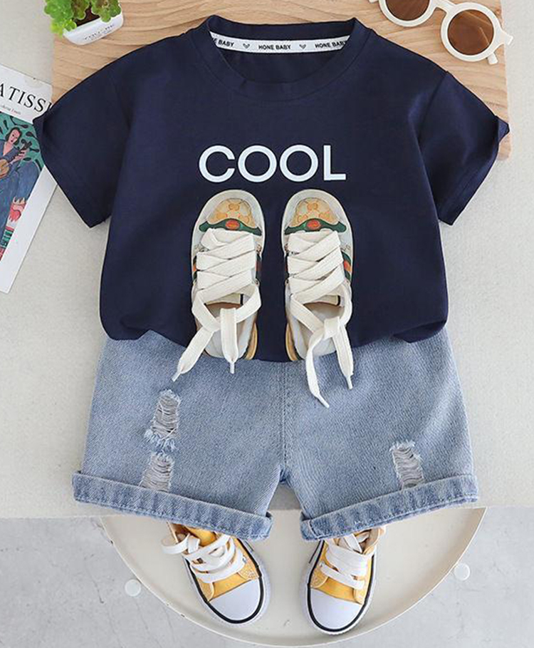POP STREET KIDS Cotton Blend Knit Half Sleeves Cool Text Printed & Shoe Applique Detailed Tee & Shorts Set - Blue-image-48