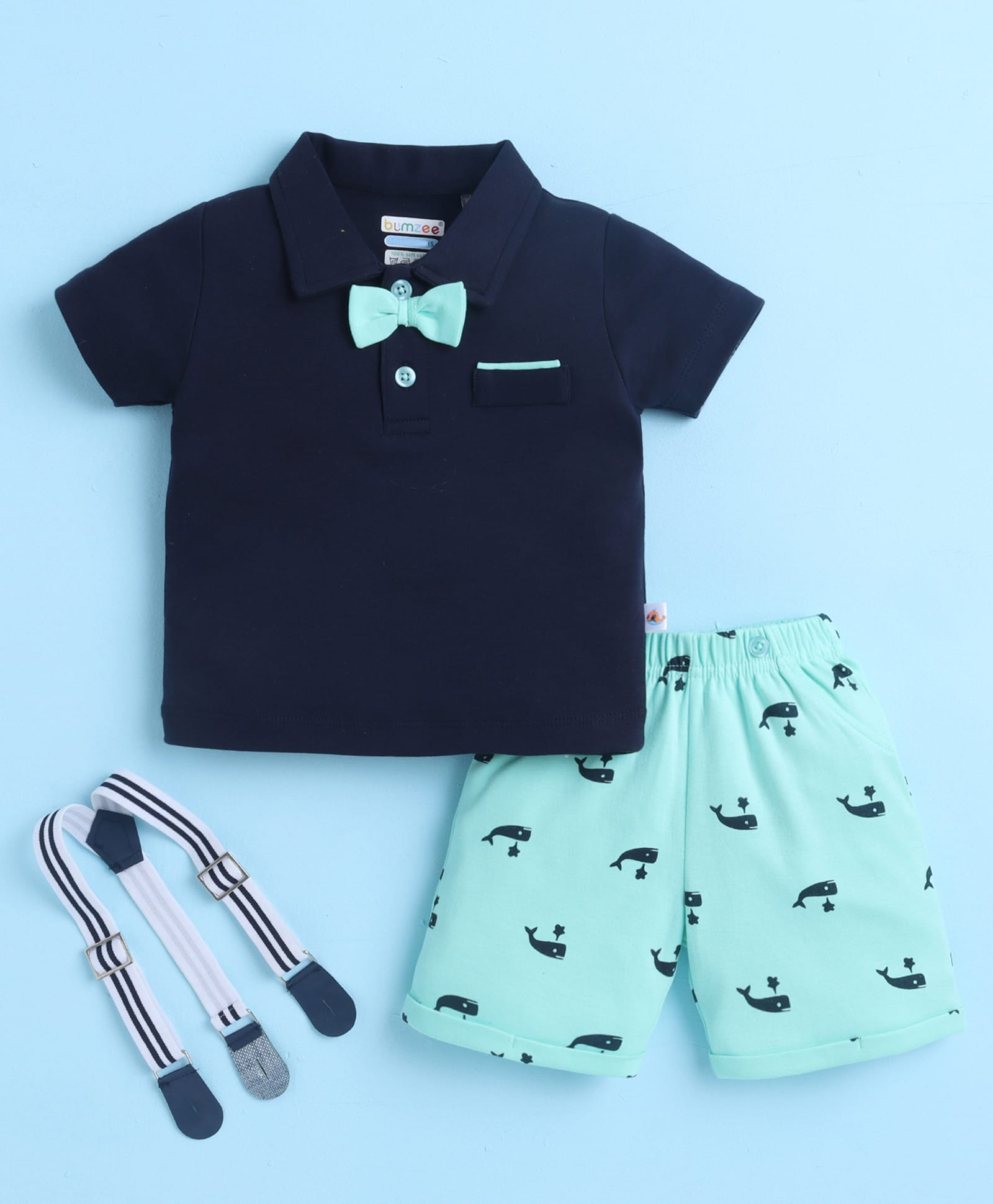 Bumzee Cotton Woven Half Sleeves Solid Polo T-Shirt & Shorts Set with Attached Bow Dolphin Print & Suspender - Navy Blue & Mint-picture-19