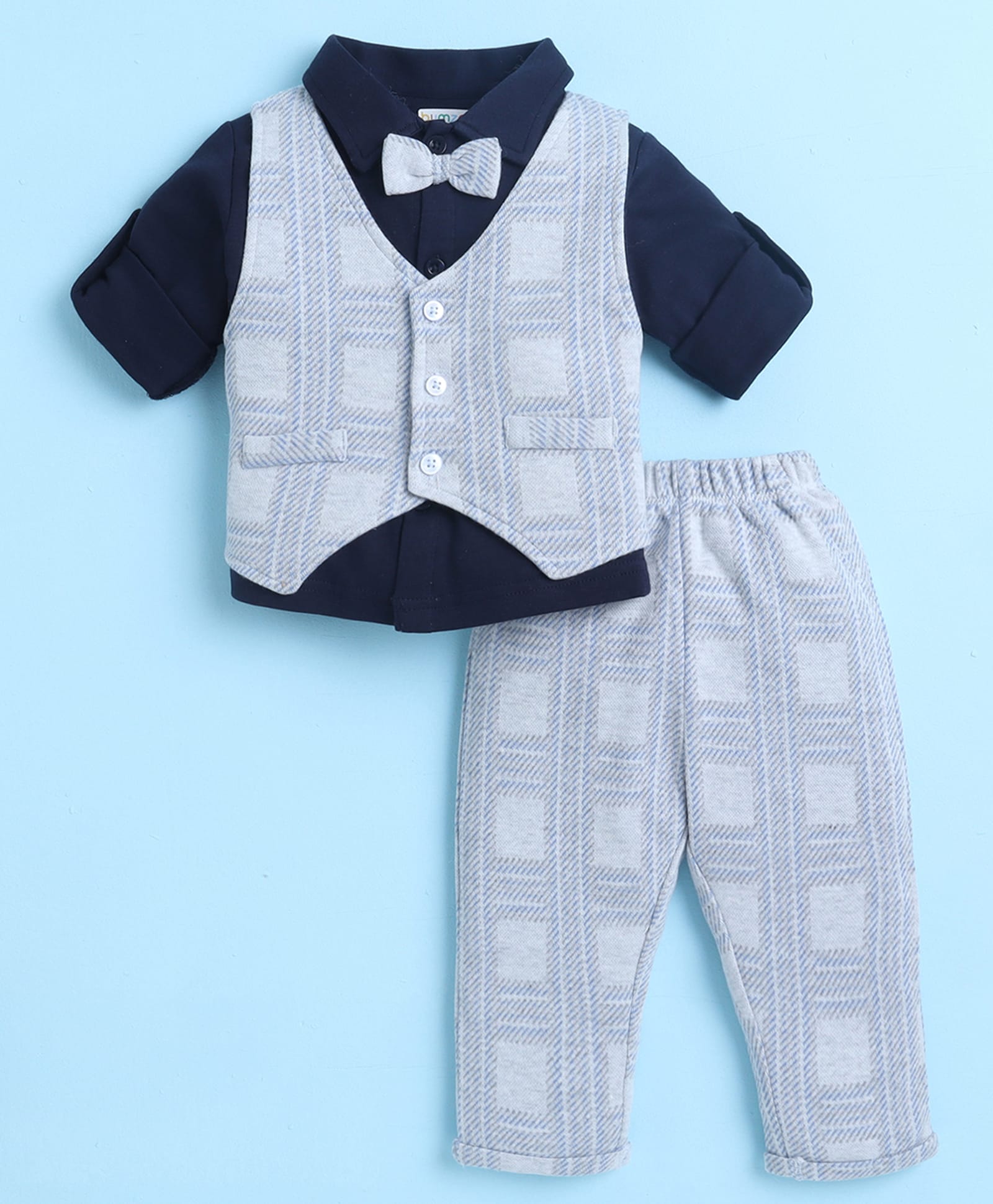 BUMZEE Cotton Woven Full Sleeves Checks 3 Piece Party Suit With Bow Applique - Navy Blue & Grey-picture-14