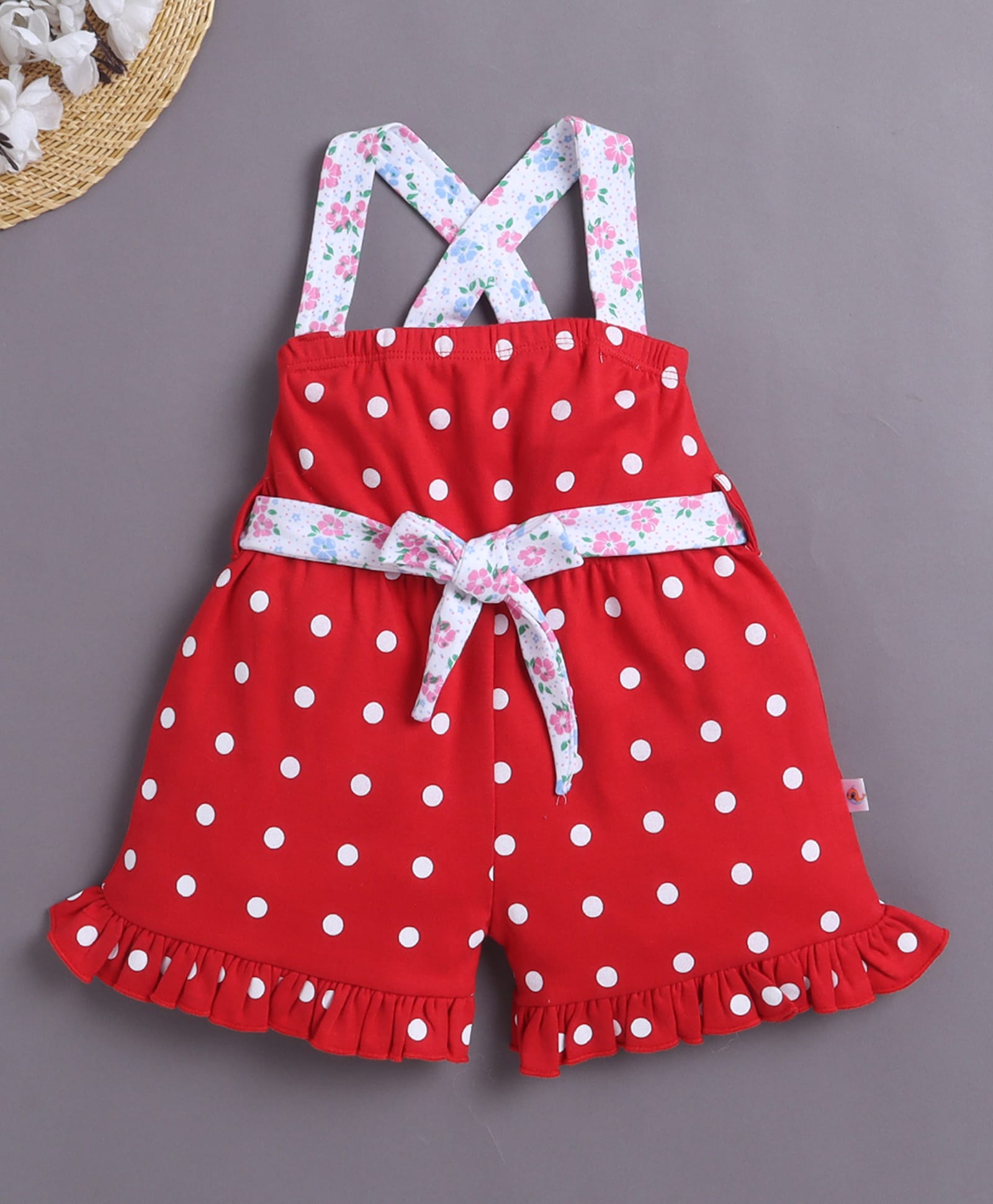 BUMZEE Cotton Woven Sleeveless Above Knee Length Polka Dots & Floral Printed Jumpsuit With Attached Belt - Red-picture-20