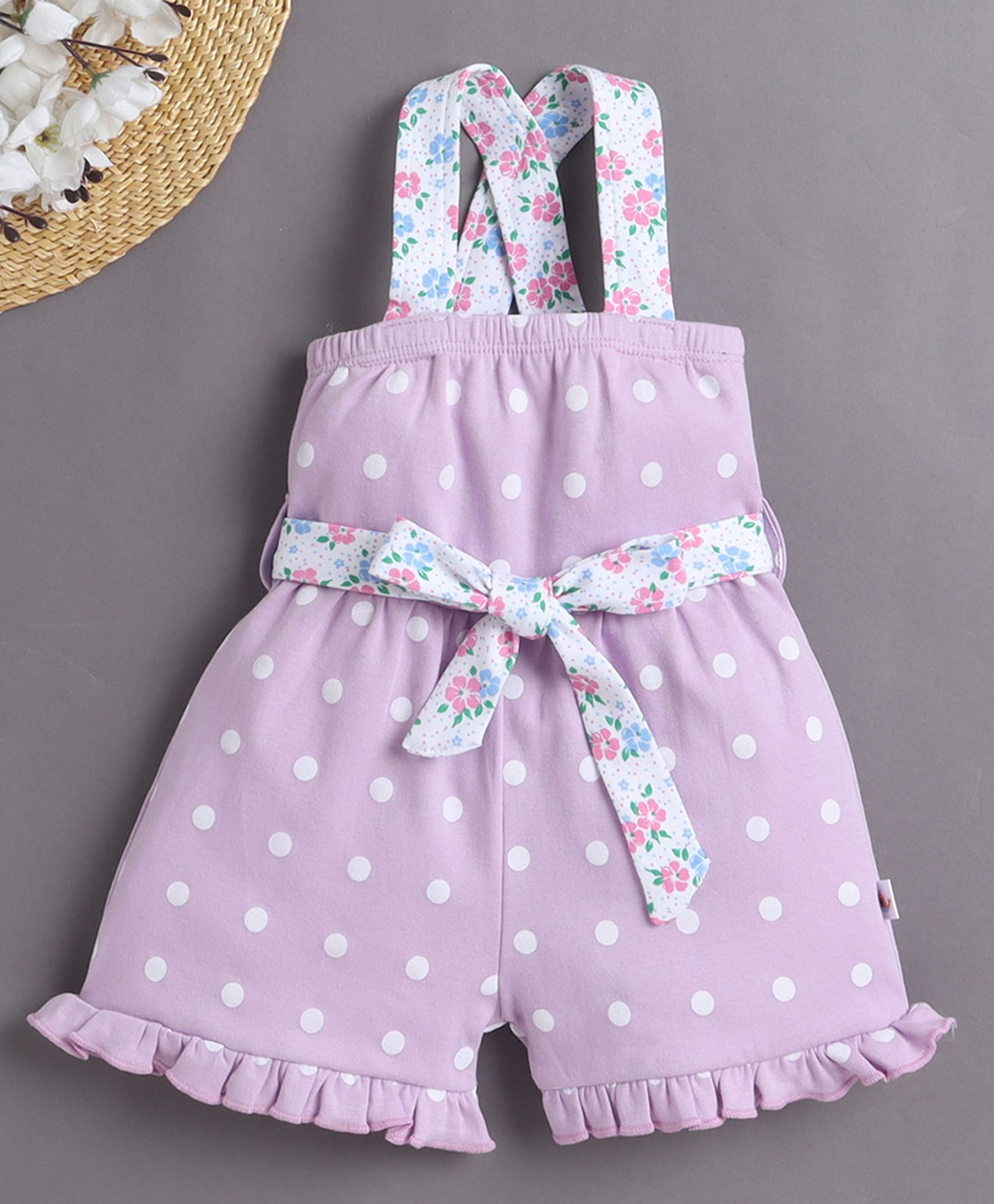 BUMZEE Cotton Woven Sleeveless Above Knee Length Polka Dots & Floral Printed Jumpsuit With Attached Belt - Lavender