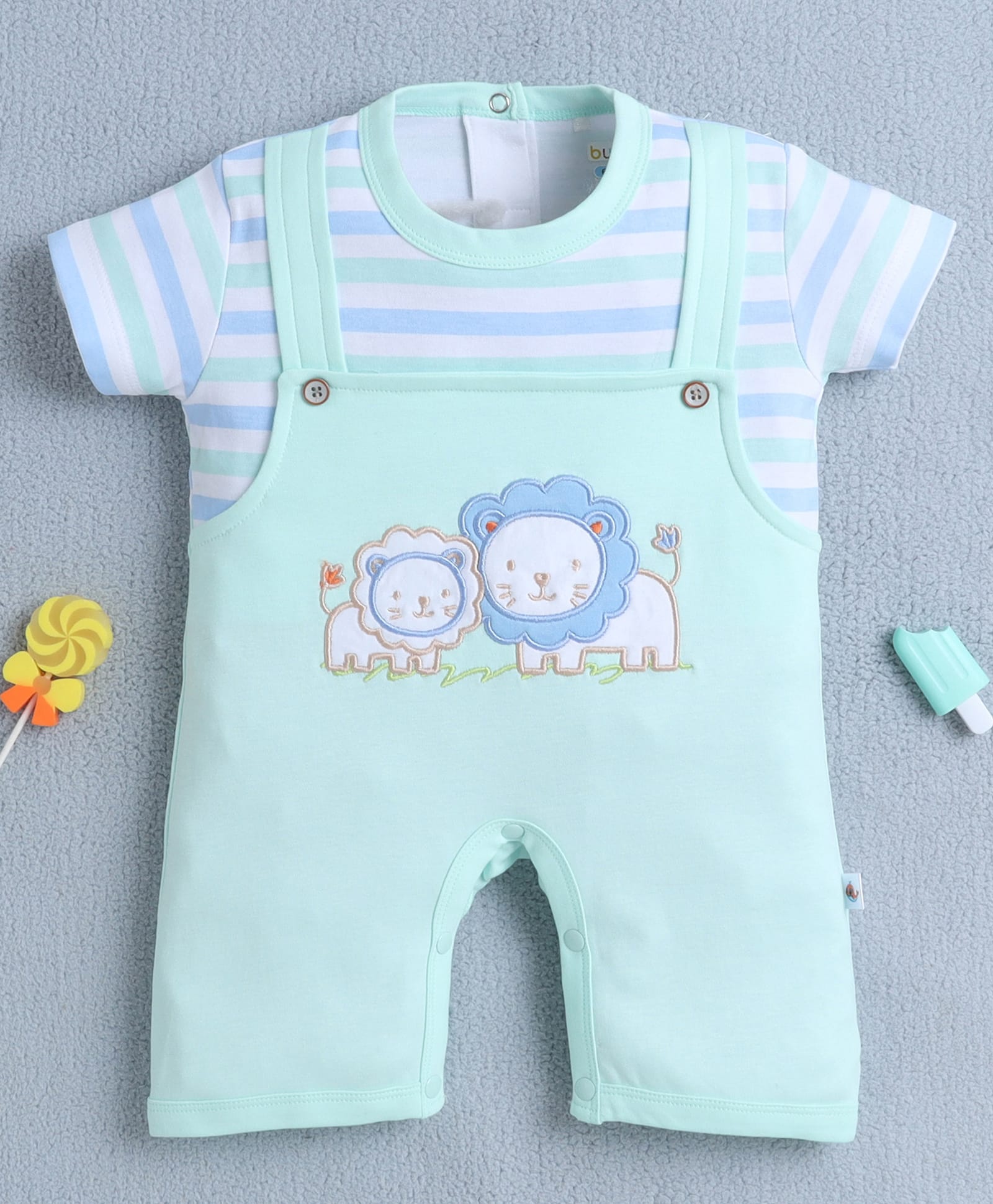 BUMZEE Cotton Woven Half Sleeves Striped & Lion Embroidered Romper - Sea Green-image-16