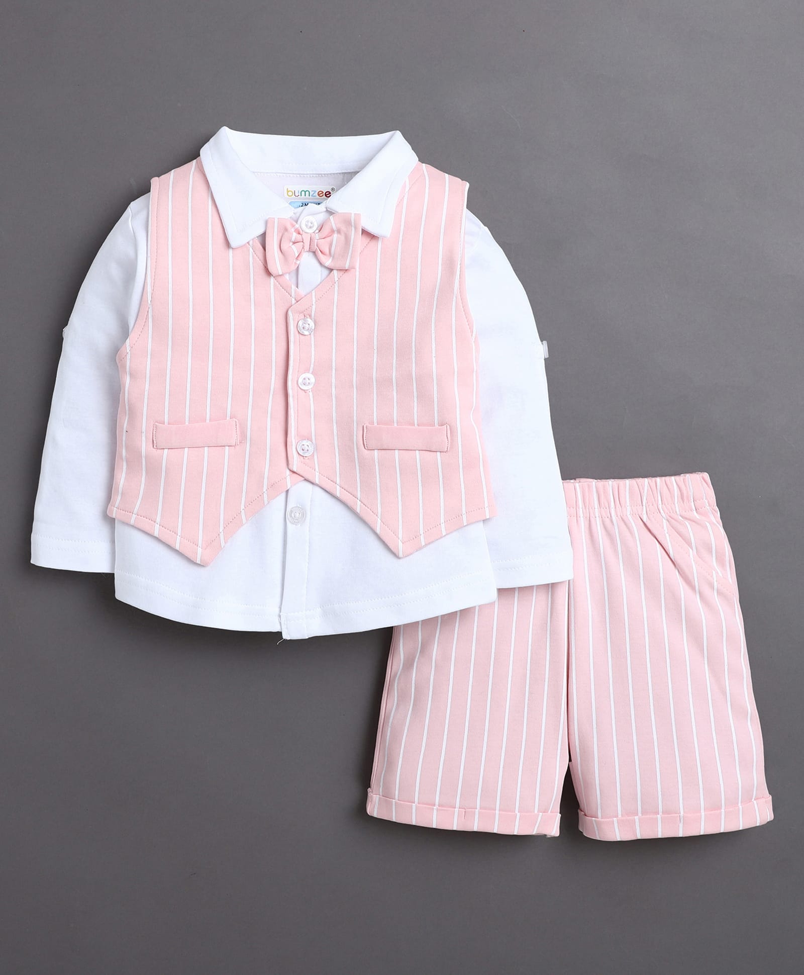 Bumzee Cotton Woven Full Sleeves Striped Shirt & Shorts Set with Waistcoat & Suspender - White & Pink-image-21
