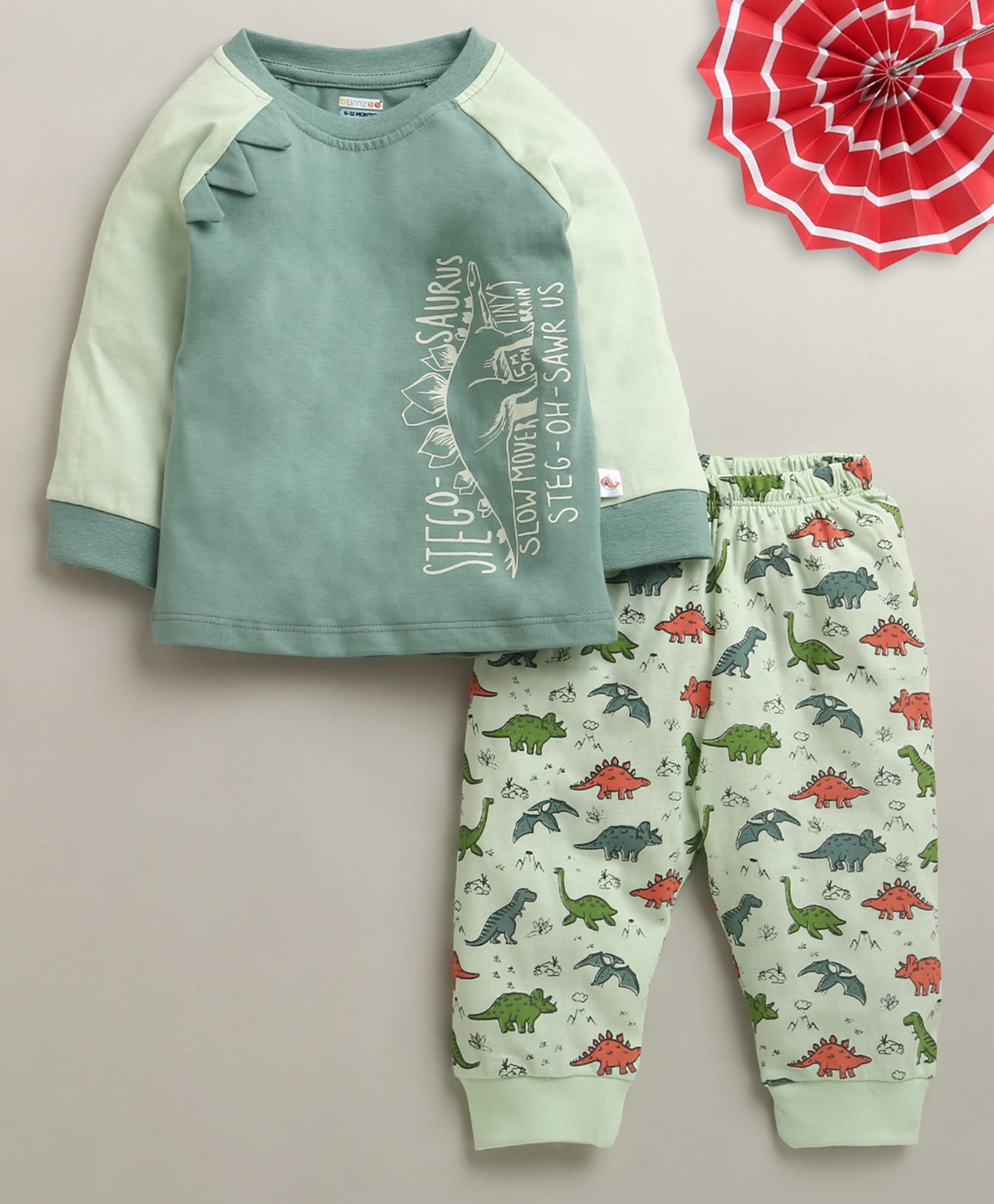 BUMZEE Cotton Woven Full Raglan Sleeves Dino Printed T-Shirt & Pyjama Night Suit - Green-image-9