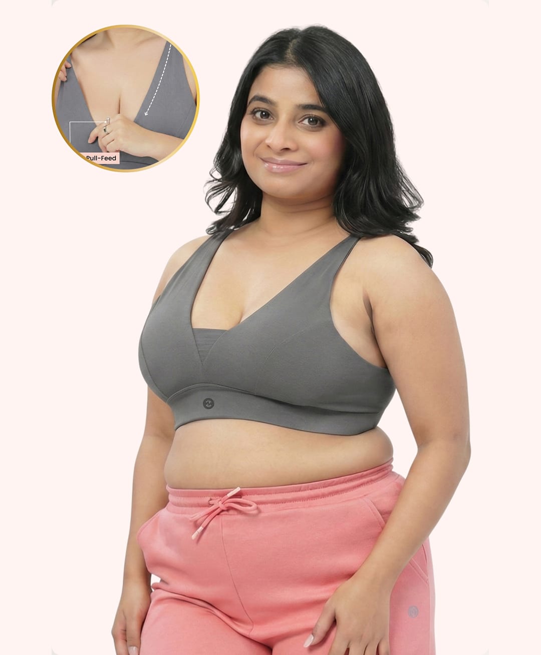 Zelena 92% Cotton 8% Spandex Knit Solid Padded Non Wired Maternity Bra With Front Open Nursing Access - Dark Grey-picture-28
