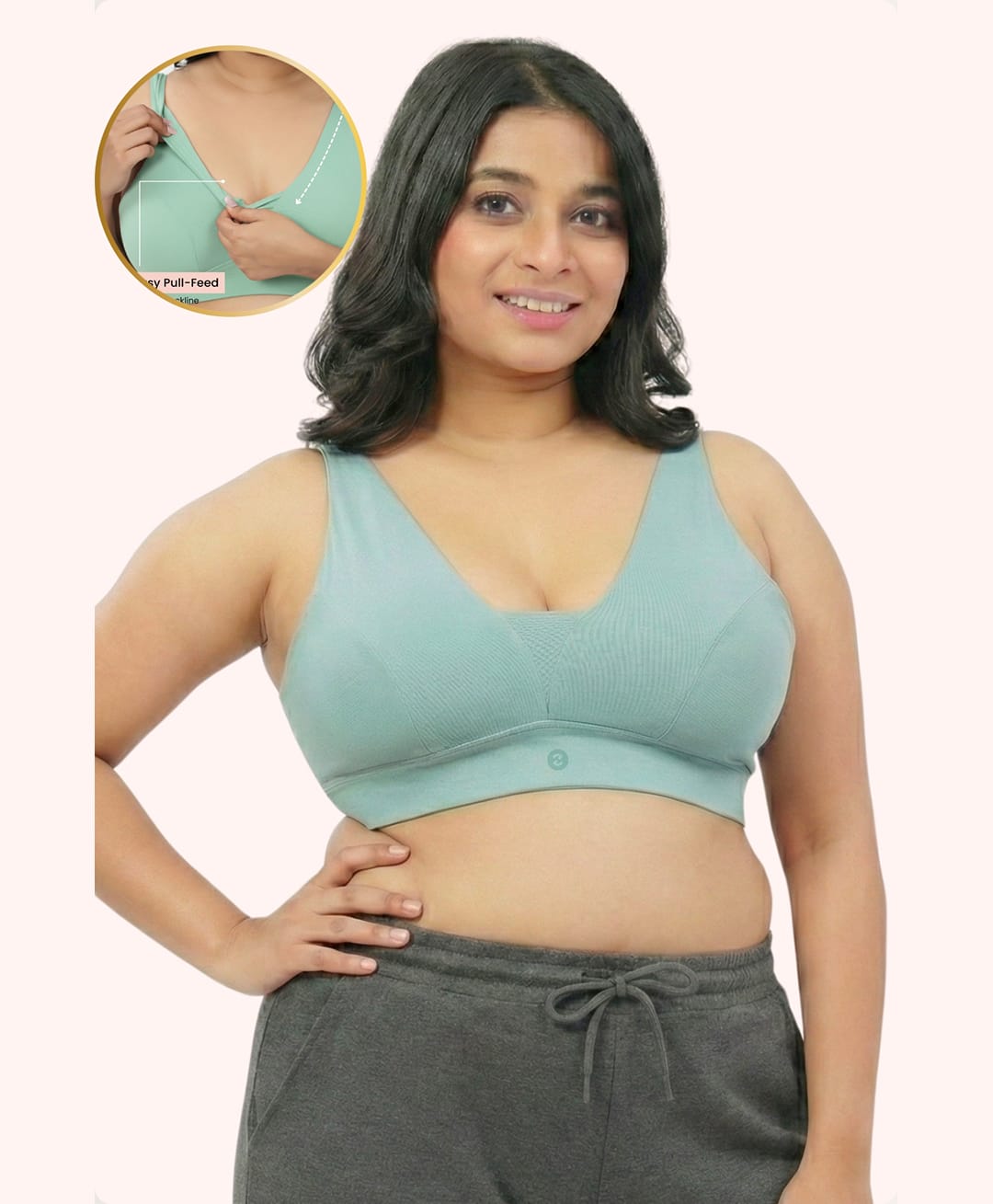 Zelena 92% Cotton 8% Spandex Knit Solid Padded Non Wired Maternity Bra With Front Open Nursing Access - Mint-image-6