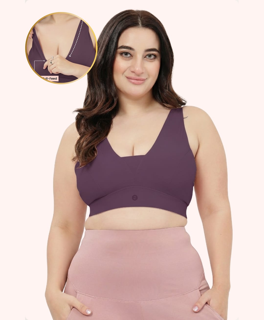 Zelena 97% Cotton 3% Spandex Knit Solid Nursing Feeding Padded Bra - Purple-picture-15