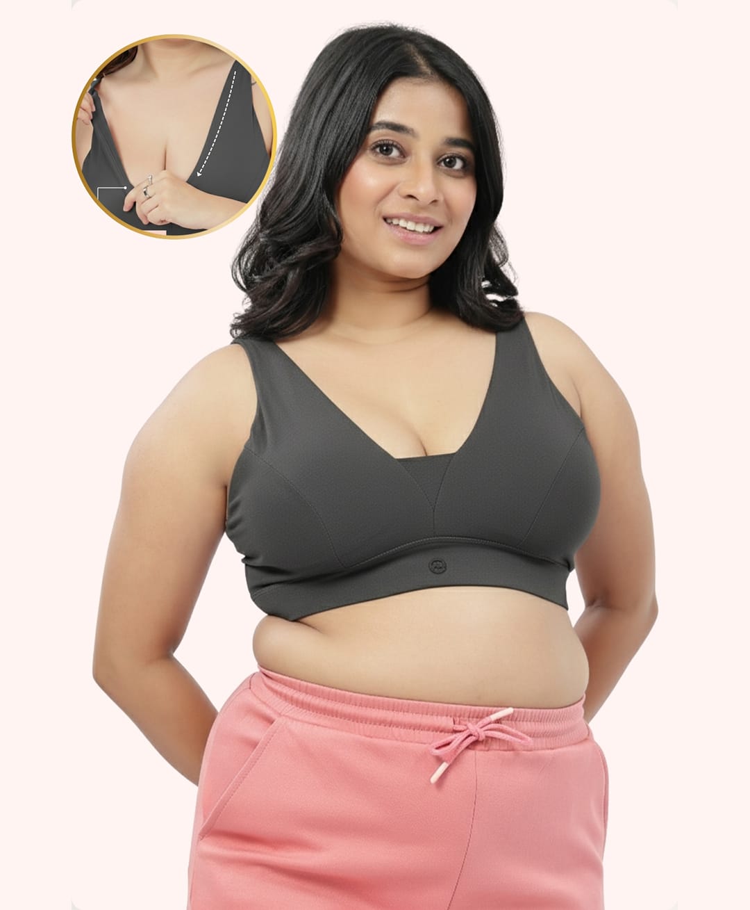 Zelena 97% Cotton 3% Spandex Knit Solid Nursing Feeding Padded Bra - Grey Melang-image-22