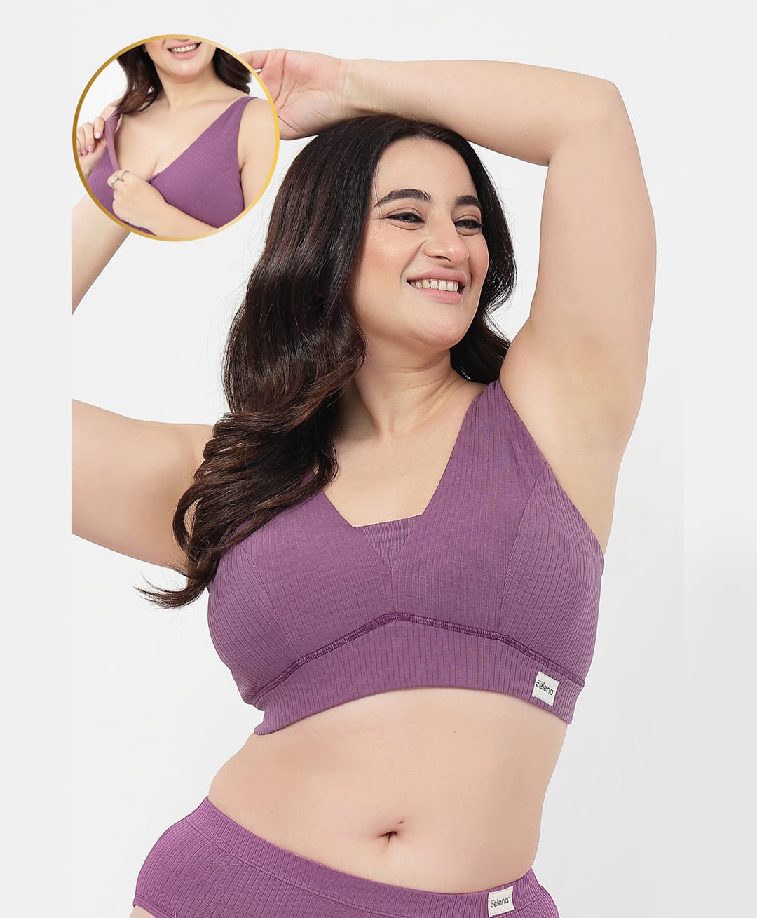 Zelena 97% Cotton 3% Spandex Knit Solid Nursing Feeding Padded Bra - Purple-image-47