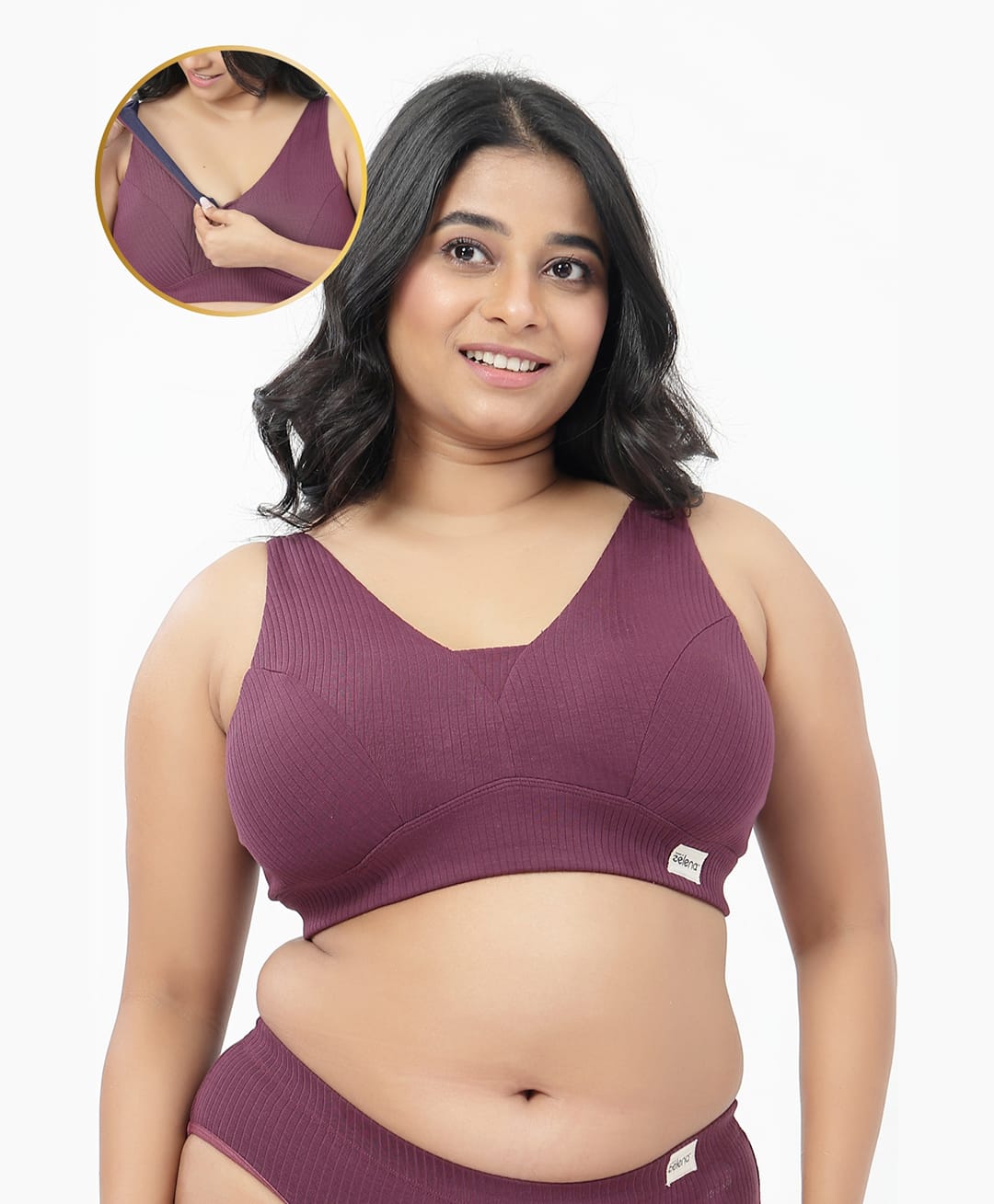 Zelena 97% Cotton 3% Spandex Knit Solid Nursing Feeding Padded Bra - Aubergine-image-48