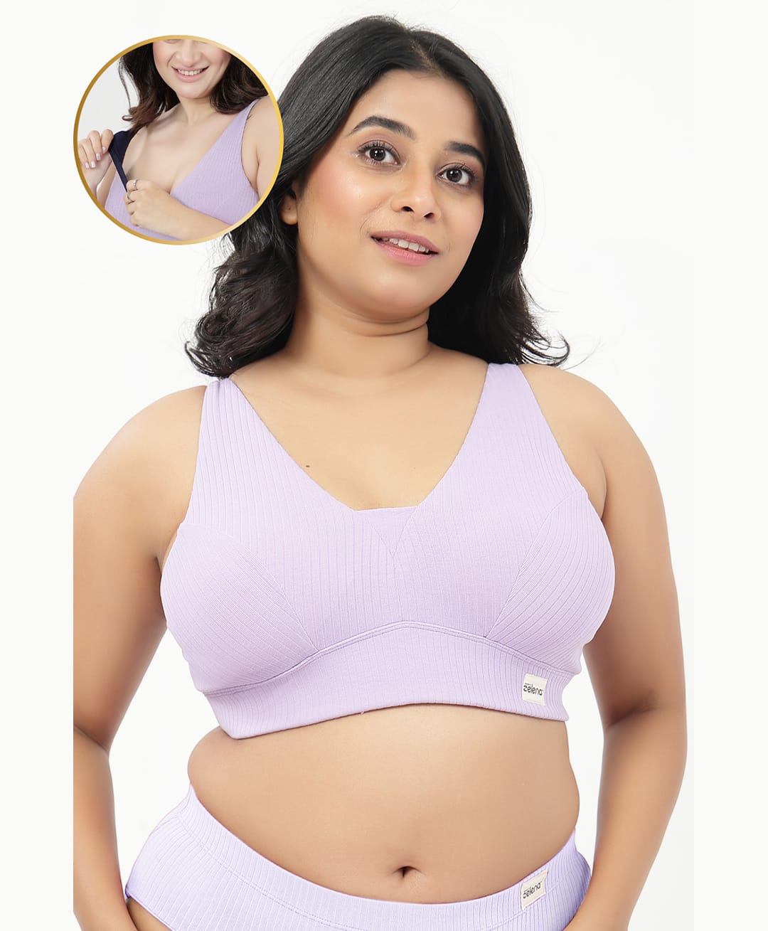 Zelena 97% Cotton 3% Spandex Knit Solid Nursing Feeding Padded Bra - Lavender-image-49