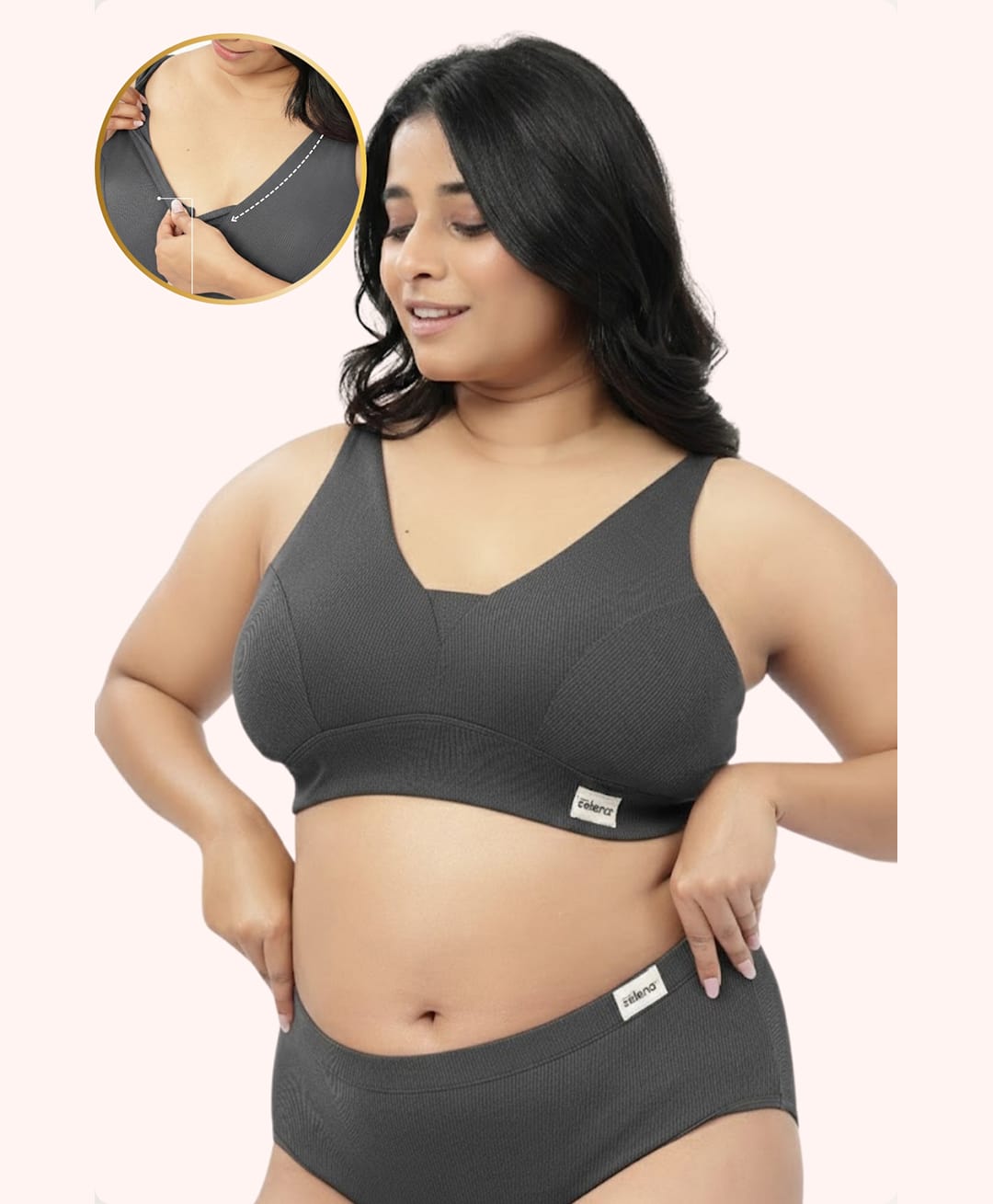 Zelena 97% Cotton 3% Spandex Knit Solid Nursing Feeding Padded Bra - Grey Melange-image-21