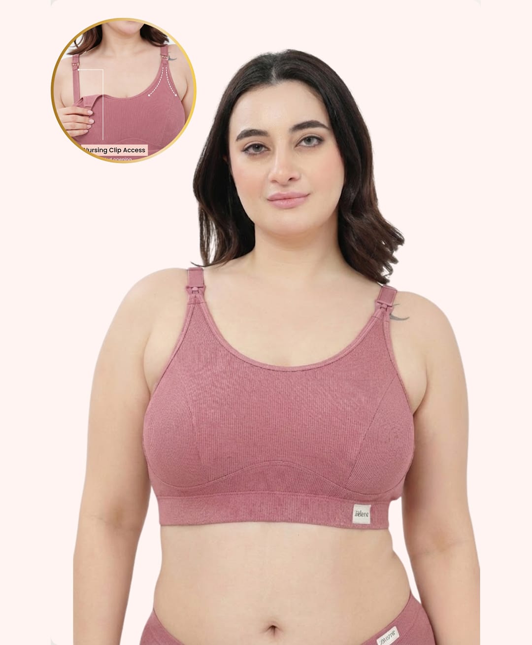 Zelena 95% Cotton 5% Spandex Knit Solid Non Padded Maternity Bra With Front Open Nursing Access - Blush-picture-2