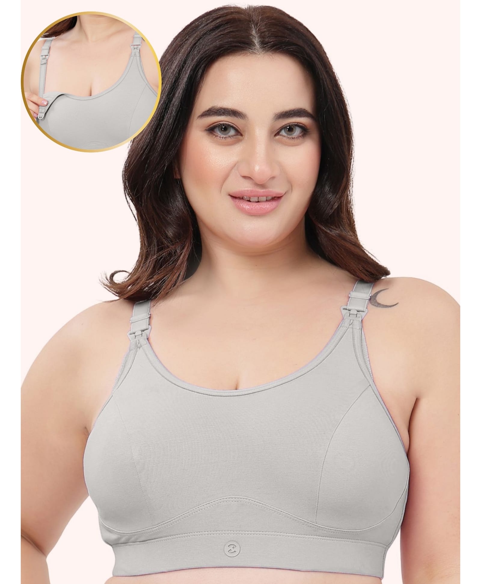 Zelena 95% Cotton 5% Spandex Knit Solid Maternity Bra With Front Open Nursing Access - Grey Melange-image-7