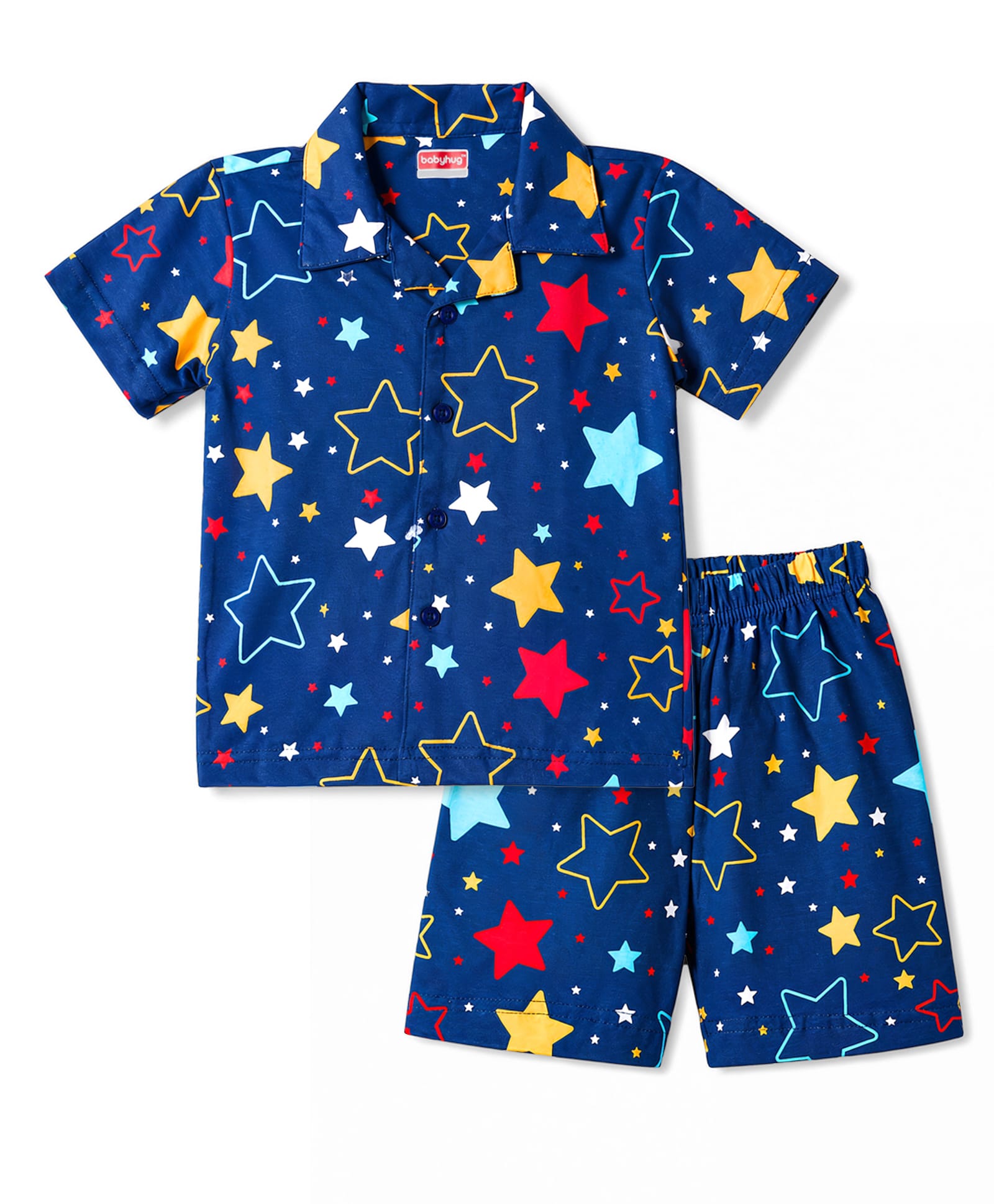 Babyhug Cotton Knit Half Sleeves Shirt & Shorts Co-ord Night Suit with Star Print - Navy Blue-image-27
