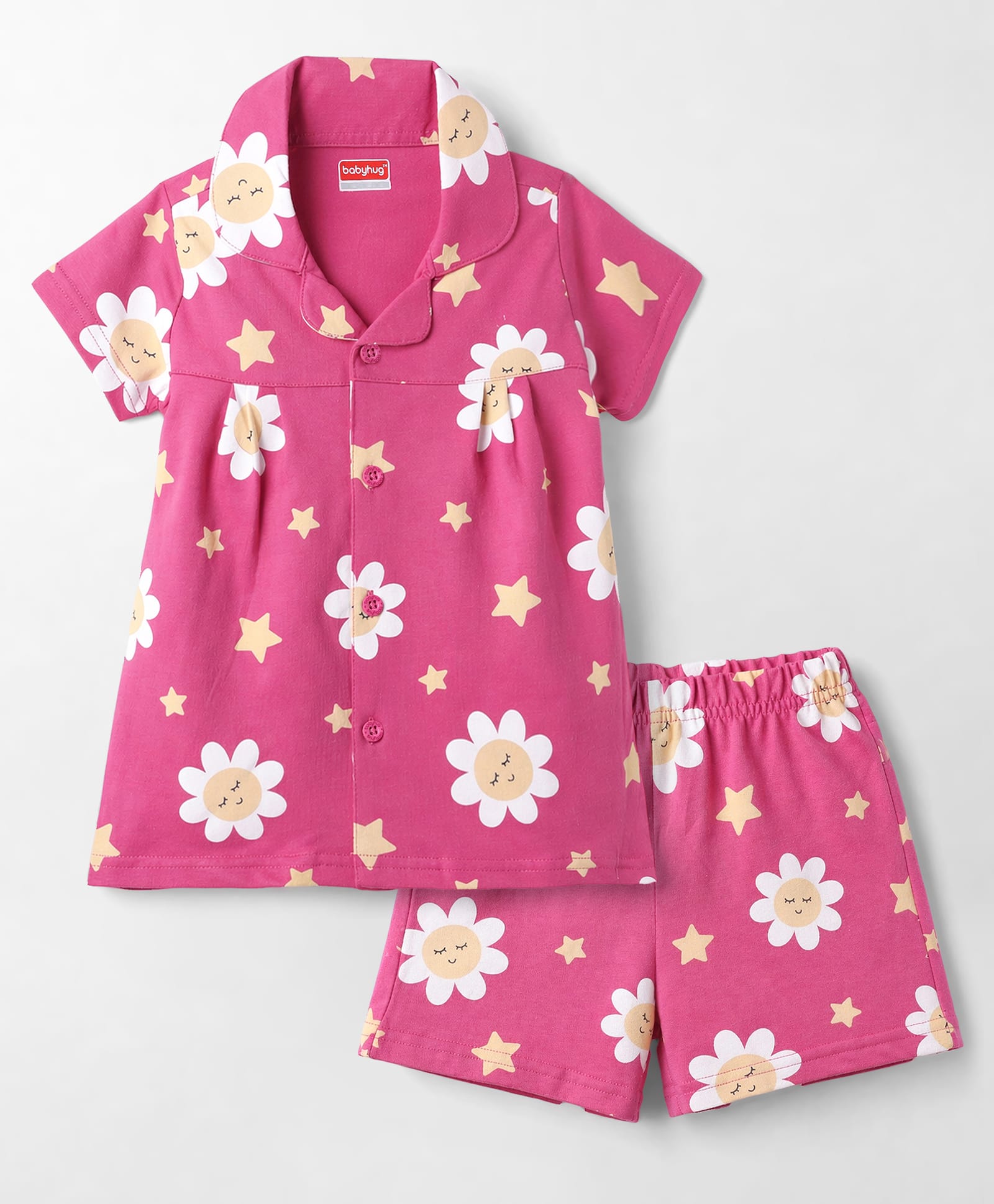 Babyhug Cotton Knit Front Open Half Sleeves Co-Ords Floral Printed Short Night Suit - Dark Pink-image-16