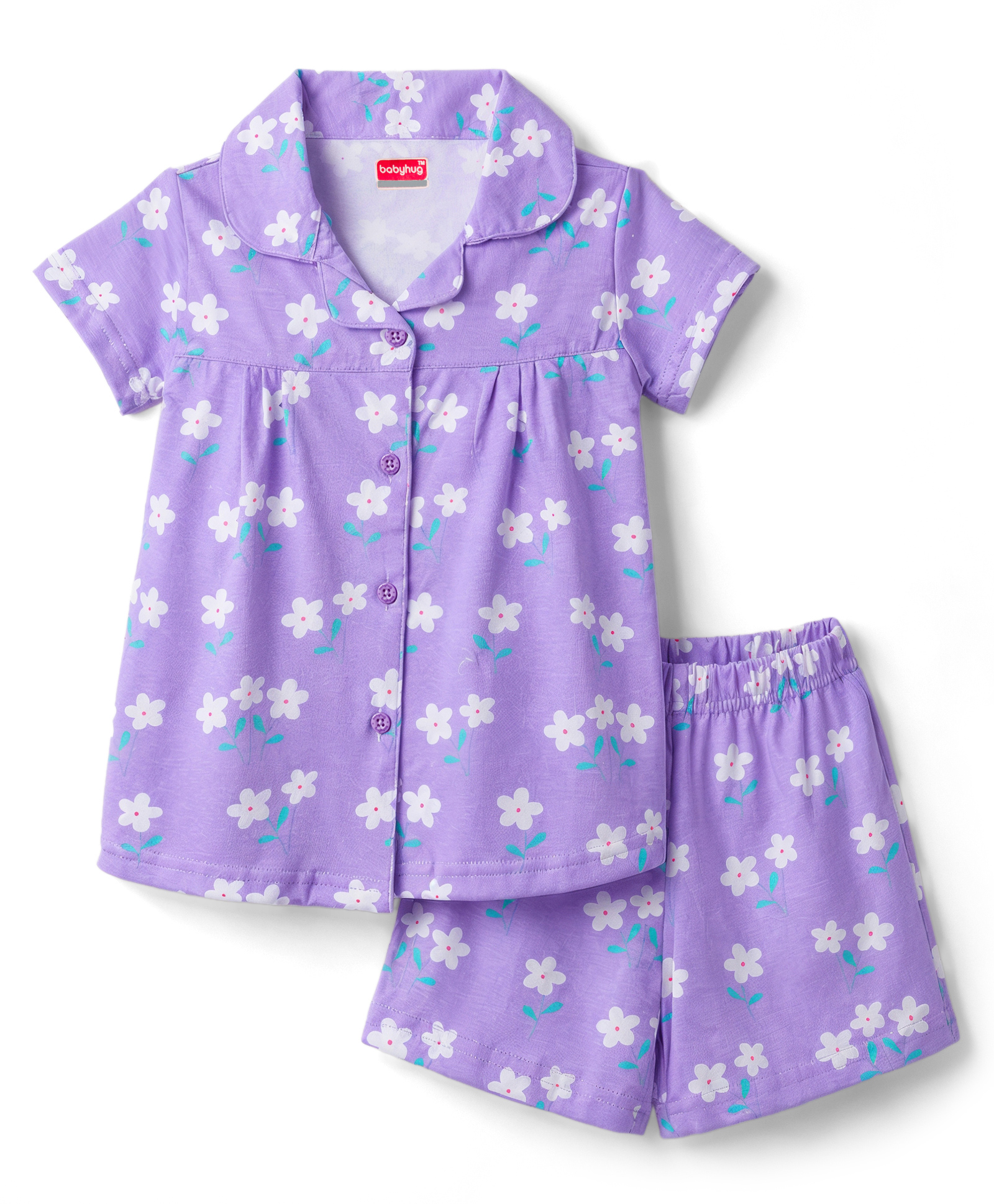 Babyhug Cotton Knit Front Open Half Sleeves Shorts & Top Night Suit Floral Print - Lavender-image-13