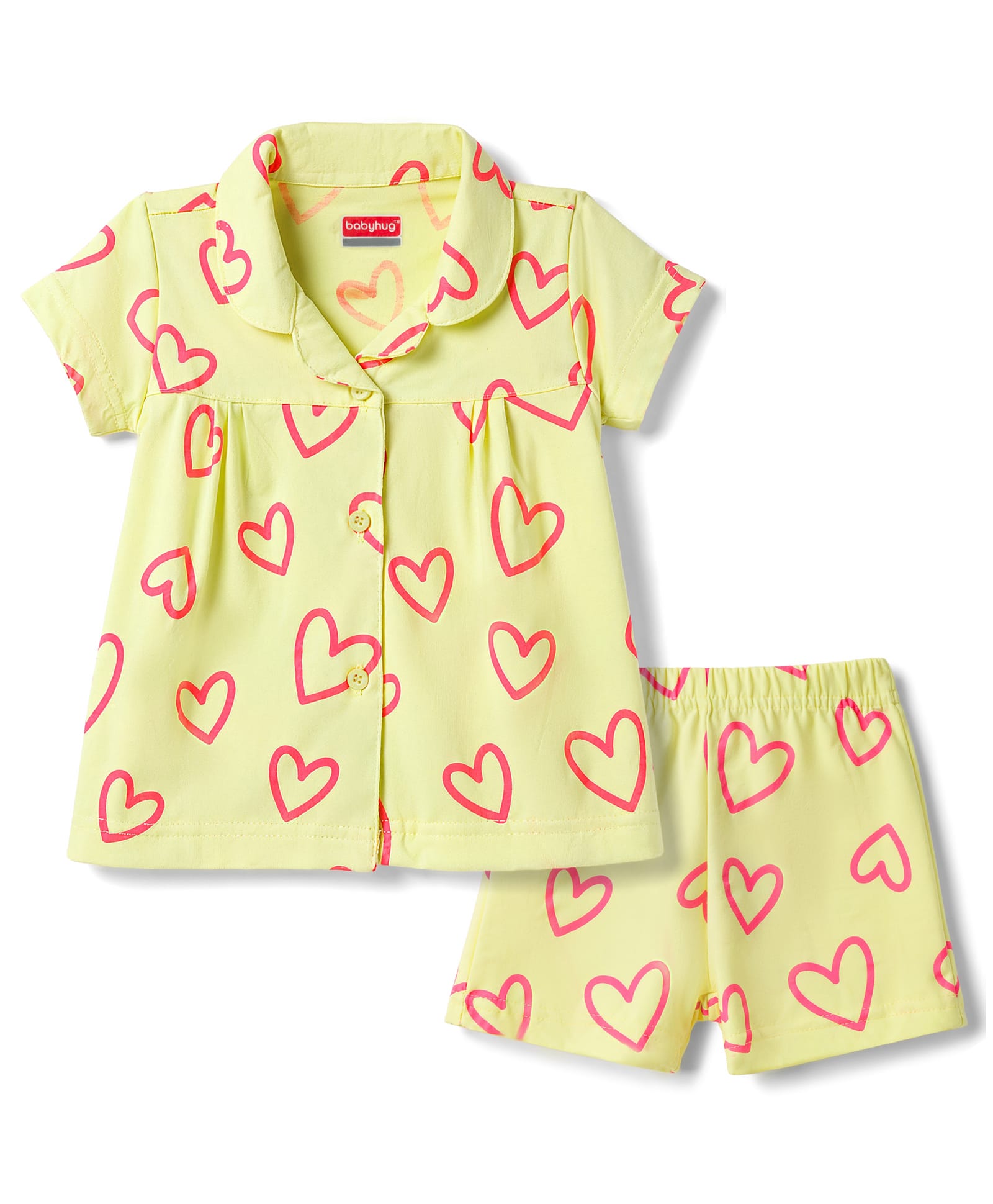 Babyhug Cotton Knit Half Sleeves Hearts Printed Co-Ords Top & Shorts Night Suit - Lime Green-image-12
