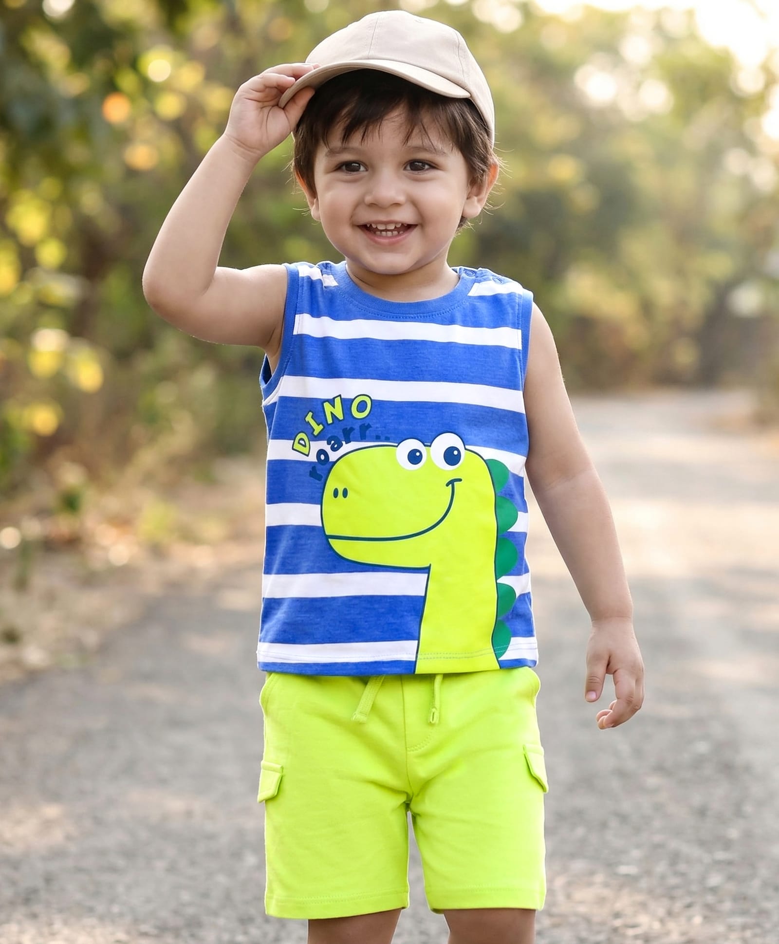 Babyhug Single Jersey Knit Sleeveless Striped Tank T-Shirt & Shorts Set with Dino Print - Blue & Green-image-25