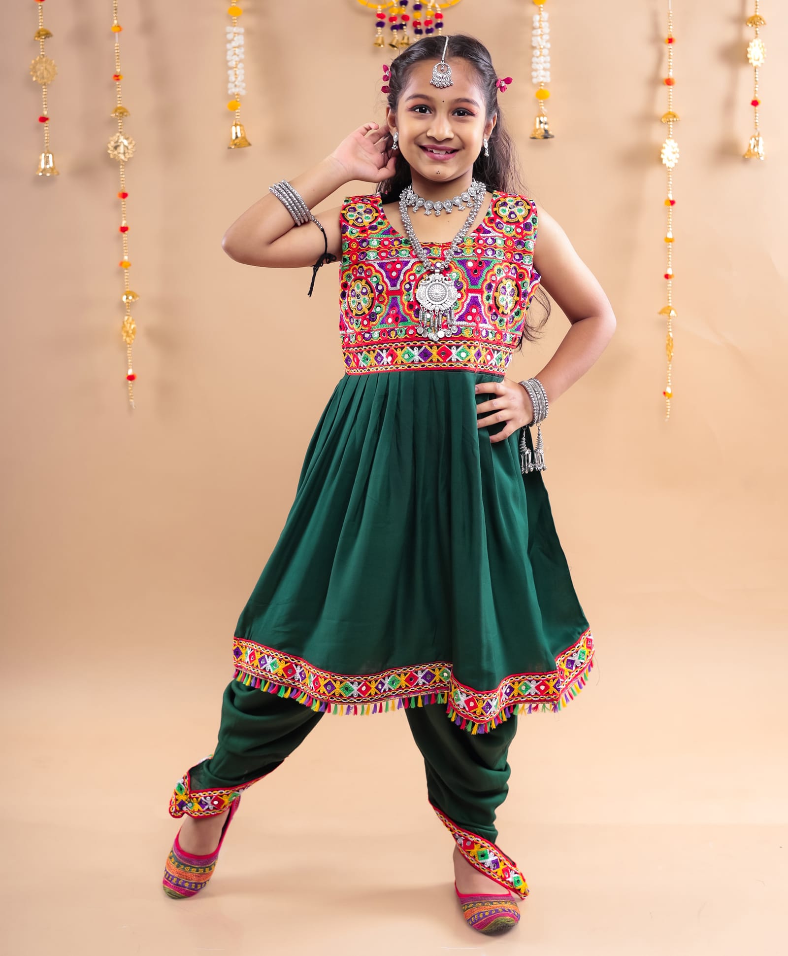 Banjara India Rayon Sleeveless Kutch Work Embroidered Dhoti Kurti Costume Set - Green-image-17